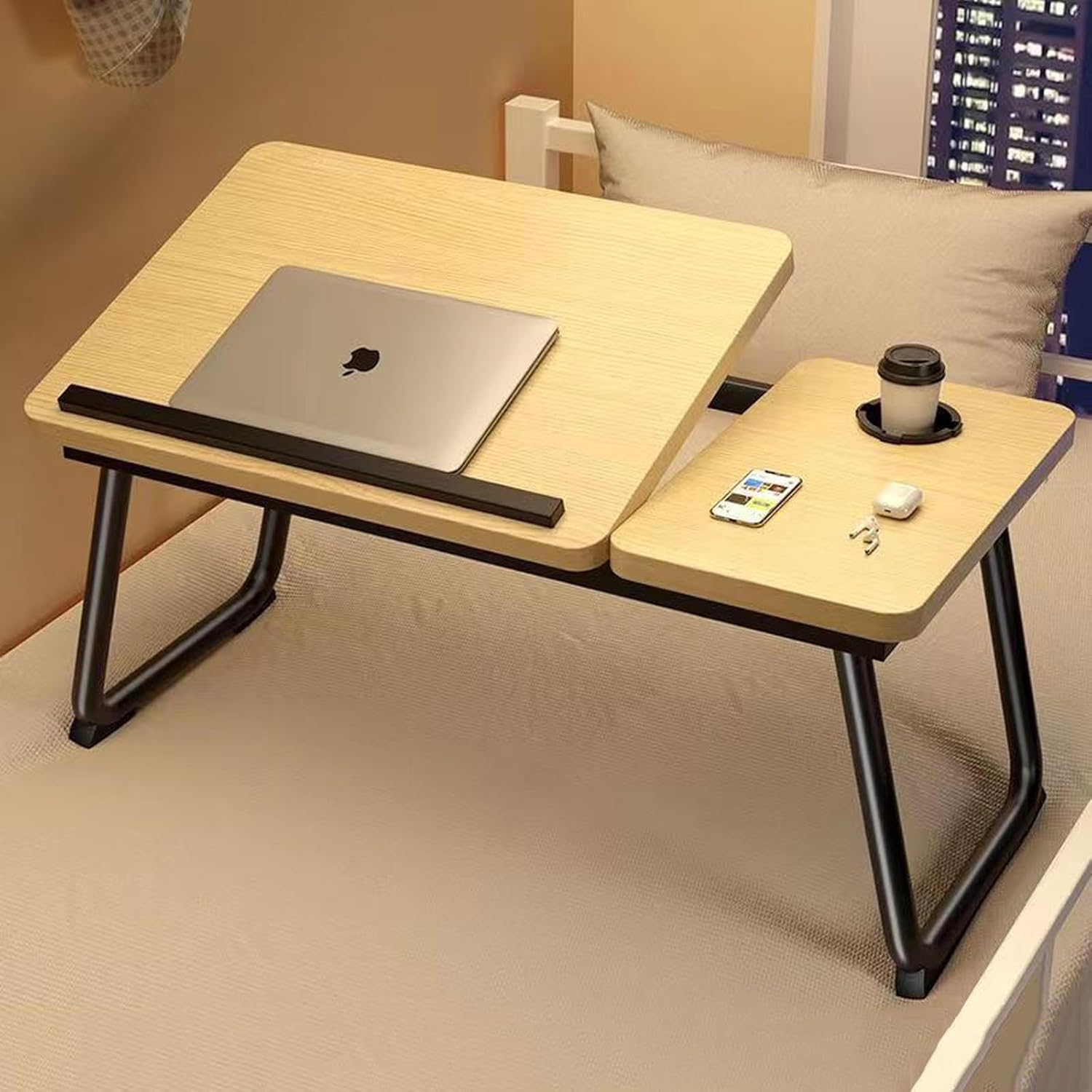 Hbluefat Folding Laptop Desk, 21.5 Inches Wood Breakfast Serving Bed Couch Tray with Adjustable Tilting Top and Cup Holder, Portable Lap Stand for Reading Writing Eating (Walnut) - White image number 5