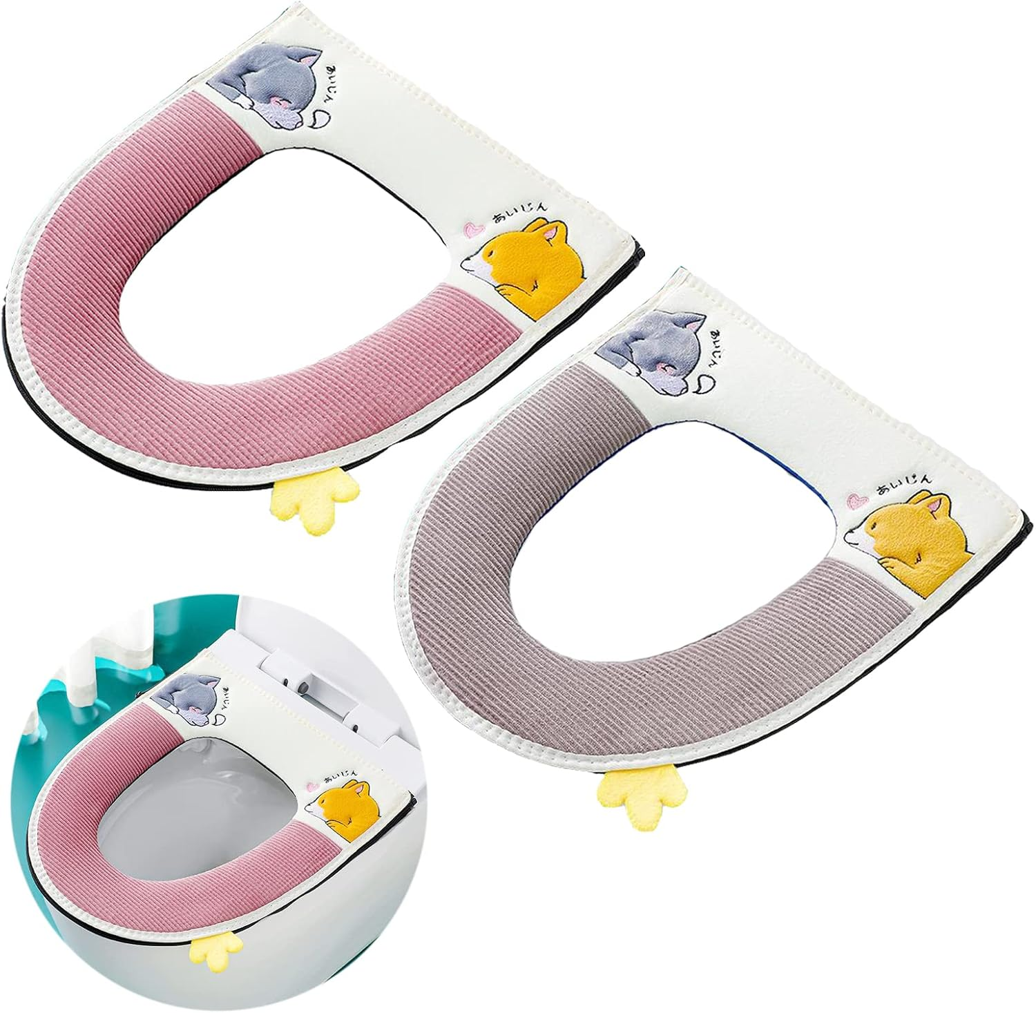 2 Pcs Universal Thickened Toilet Seat Cushion Cover Warm Washable and Reusable Soft Toilet Seat Cover Pads with Zipper (Green + Grey)