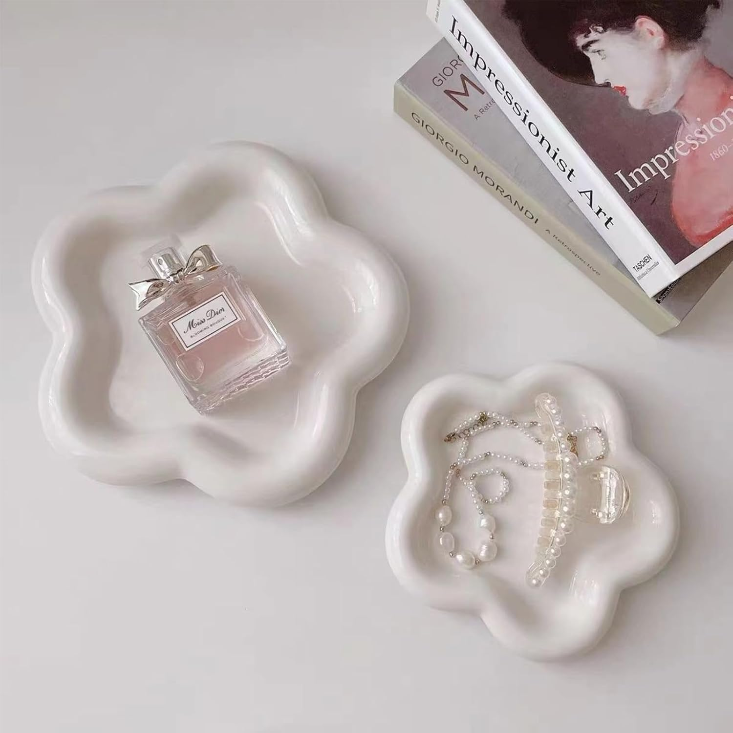 FACAICAI Small Jewelry Dish Tray for Women, Ceramic Jewelry Tray, Ring Dish Holder Jewelry Plate Tray, Cute Cloud Tray Decorative Dish, Perfume Trinket Dish for Ring Earring (White Flower) image number 2