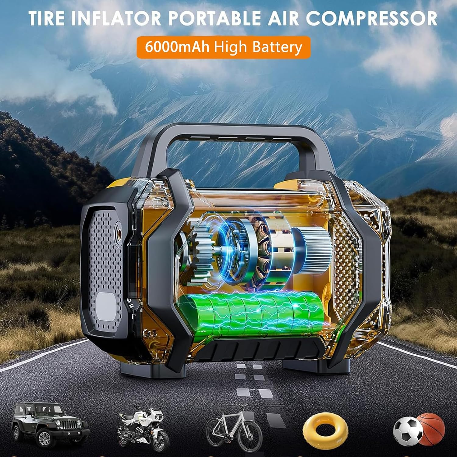 Tire Inflator Portable Air Compressor, 6X Fast 150PSI Air Pump for Car Tires, Cordless Car Motorcycle Balls Bike Pump, Tire Inflator Pressure Gauge, 12V Auto Shut-Off Tire Pump (Black) image number 5