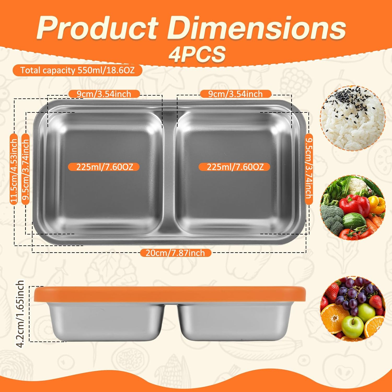 6/4/2 Pcs Stainless Steel Snack Container, Reusable Food Storage Container with Silicone Lid, Divided Snack Box for Kitchen Snacks Dips Take Out Travel and Outdoor Camping (4Pcs) - 2Pcs image number 2