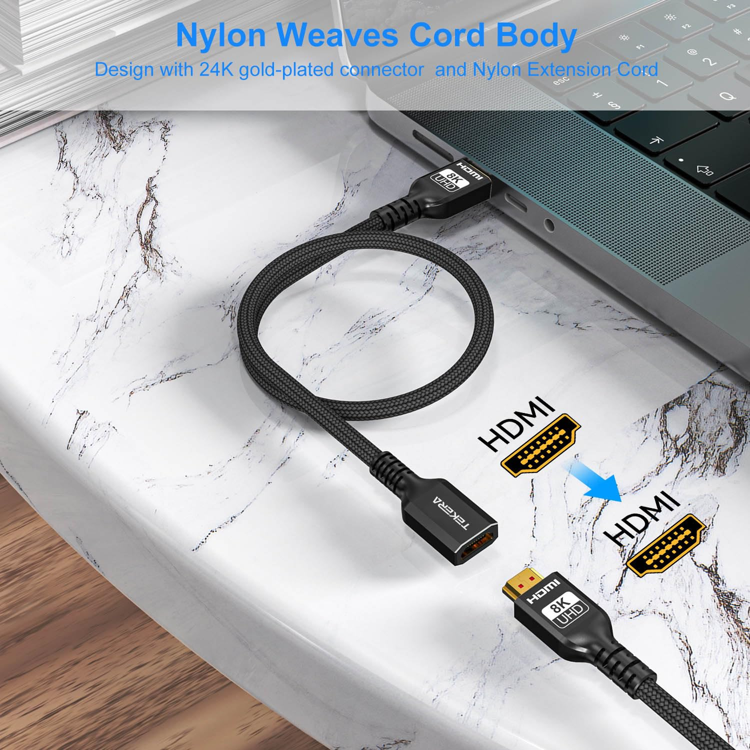 TEKERA 8K HDMI Extension Cable 1M, HDMI 2.1 Extender Male to Female, 48Gbps Ultra High Speed, Support 8K@60Hz 4K@120Hz HDR Earc VRR, Braided for PS5 Xbox TV Monitor Laptop（3.3Ft/1M）