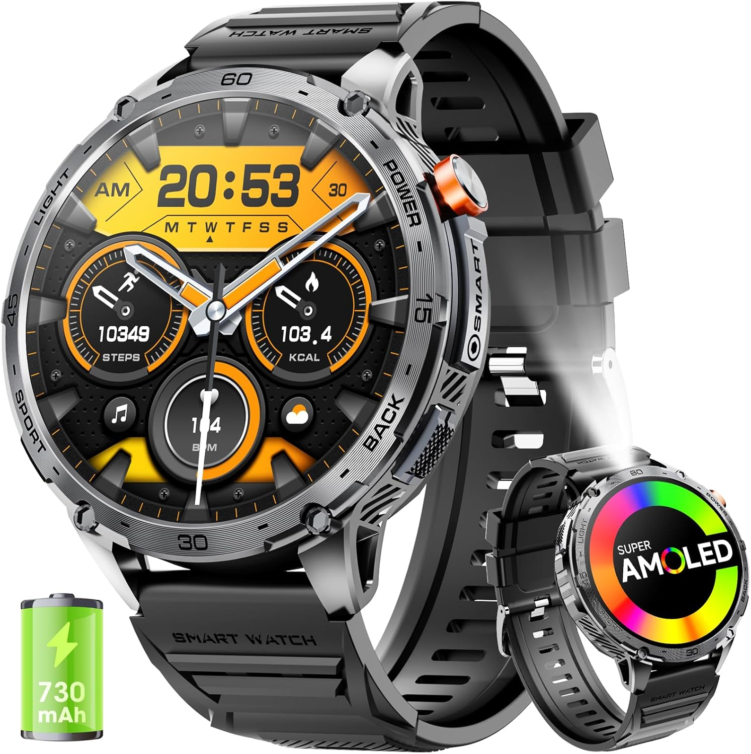 Military Smart Watch for Men 1.75" HD AMOLED Display 730Mah Battery Smart Watches with LED Flashlight for Android Ios（Bluetooth Call Answer/Dial Calls） Fitness Tracker