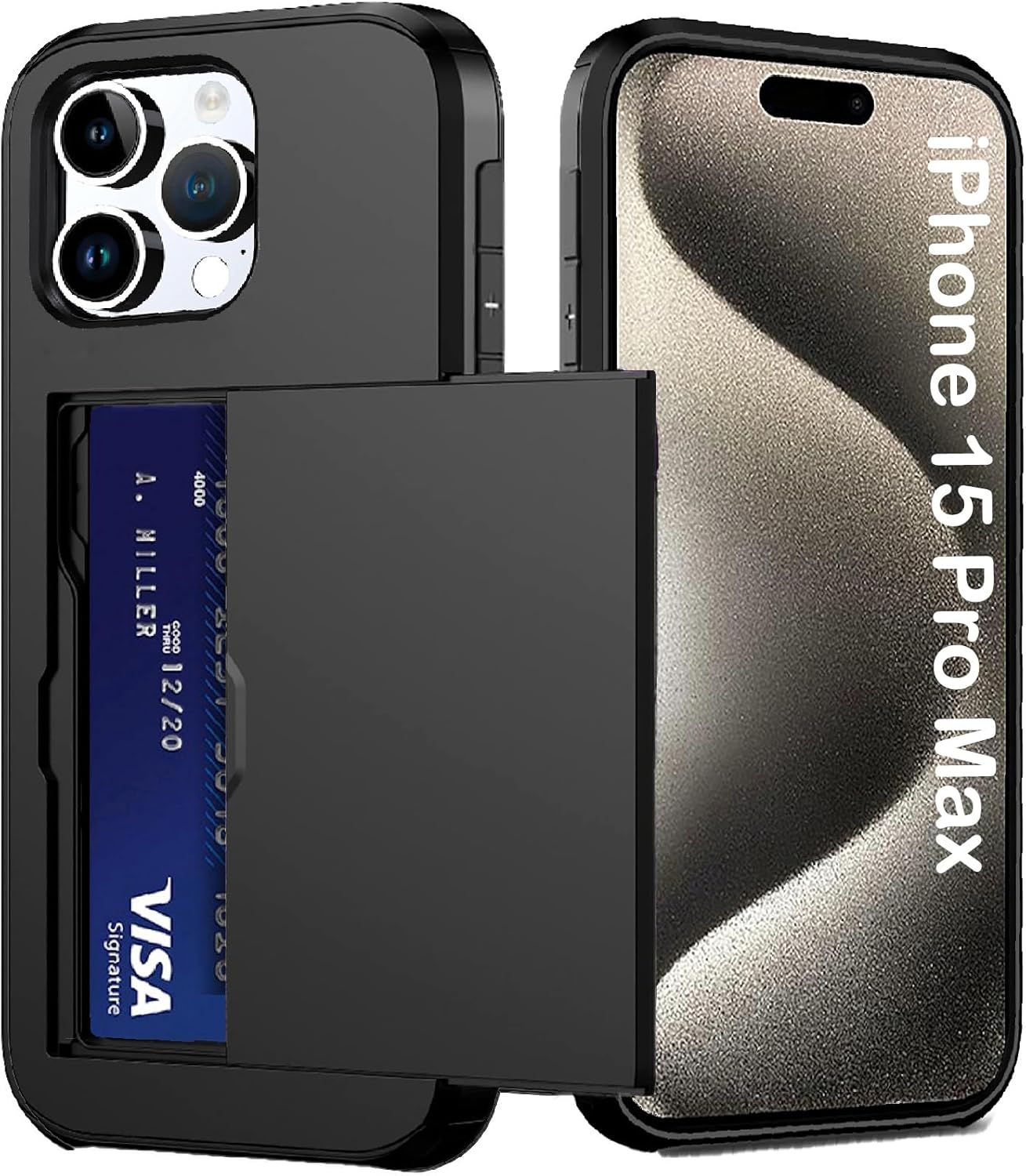 For Iphone 15 Pro Max Case with Card Holder (Store 2 Cards) Wallet Case Slim Dual Layer Heavy Duty Protective Shockproof Hidden Card Slot Phone Case for Iphone 15 Pro Max,Black