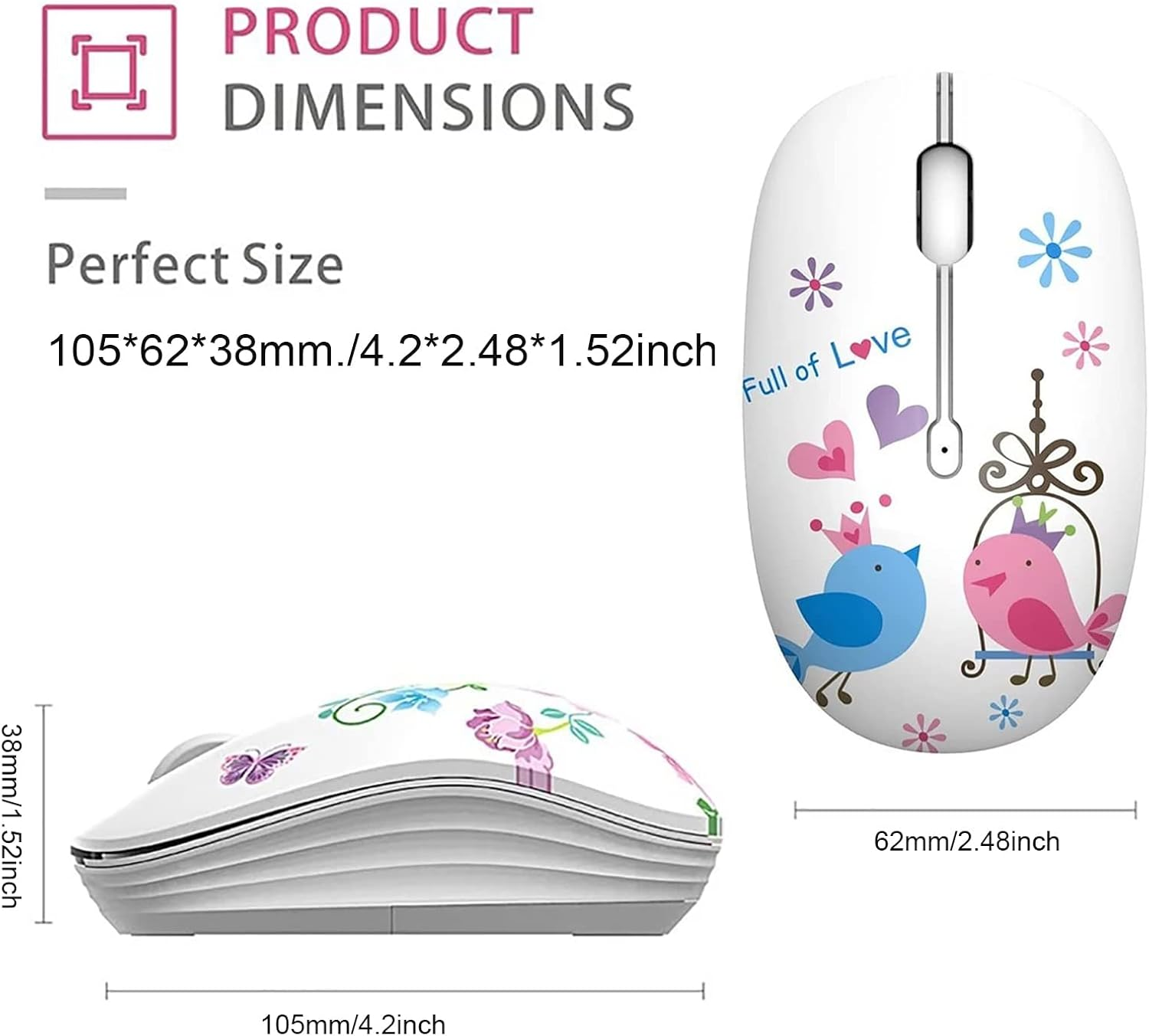 Cute Wireless Mouse, 2.4G Mute Office Business Computer Mouse with USB Receiver 1200DPI Optical Mice for Laptop,Notebook,Pc,Computer (Birds)