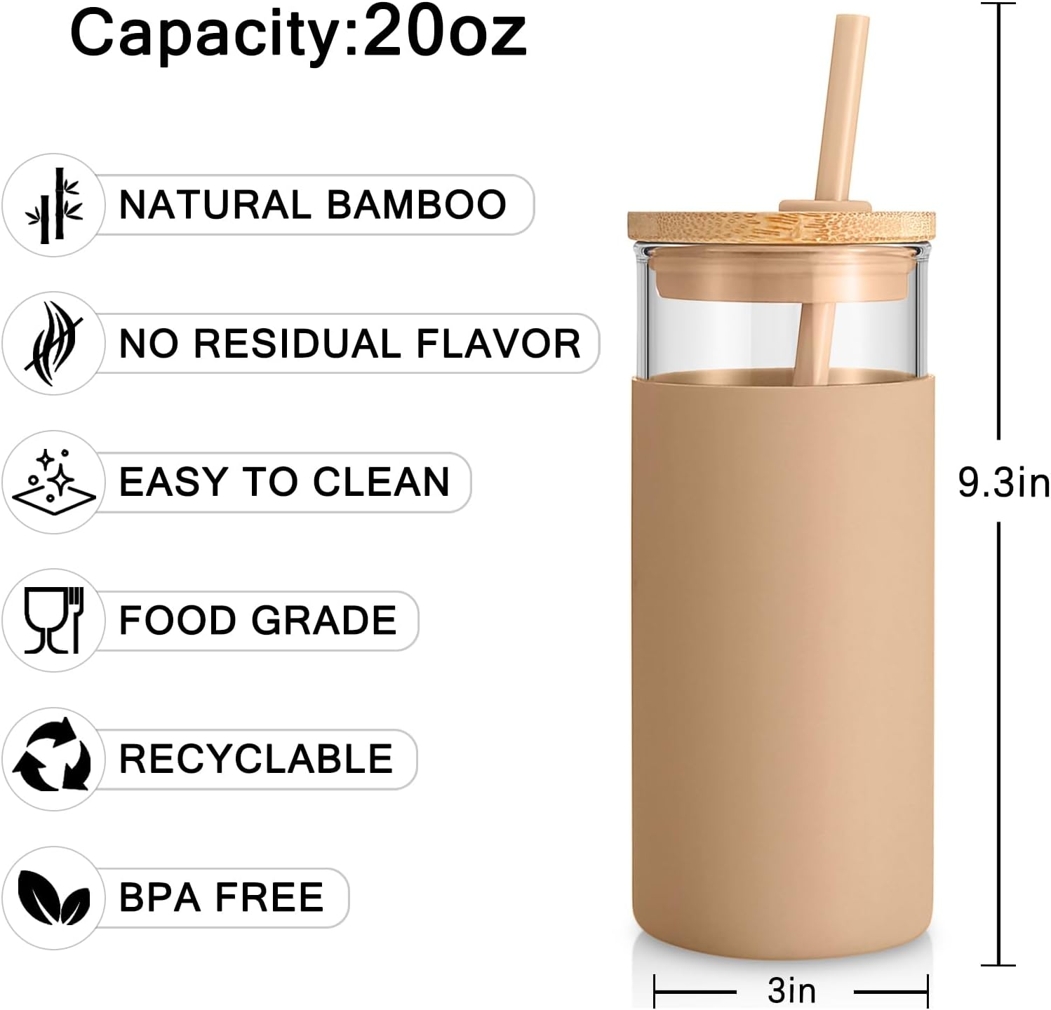 Tronco 20Oz Glass Tumbler Glass Water Bottle Straw Silicone Protective Sleeve Bamboo Lid - BPA Free, White image number 6