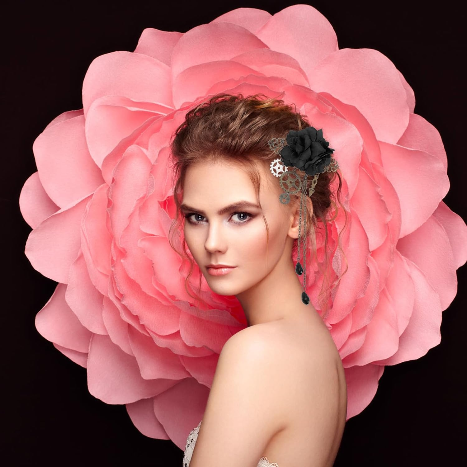 Ipetboom Steampunk Style Hair Clip - Gothic Hair Accessories with Tassels - Decorative Brooch - Vintage Punk Mechanical Hair Pin - Accessories for Hairstyles - Polyester Hair Clips with Floral Pattern image number 6