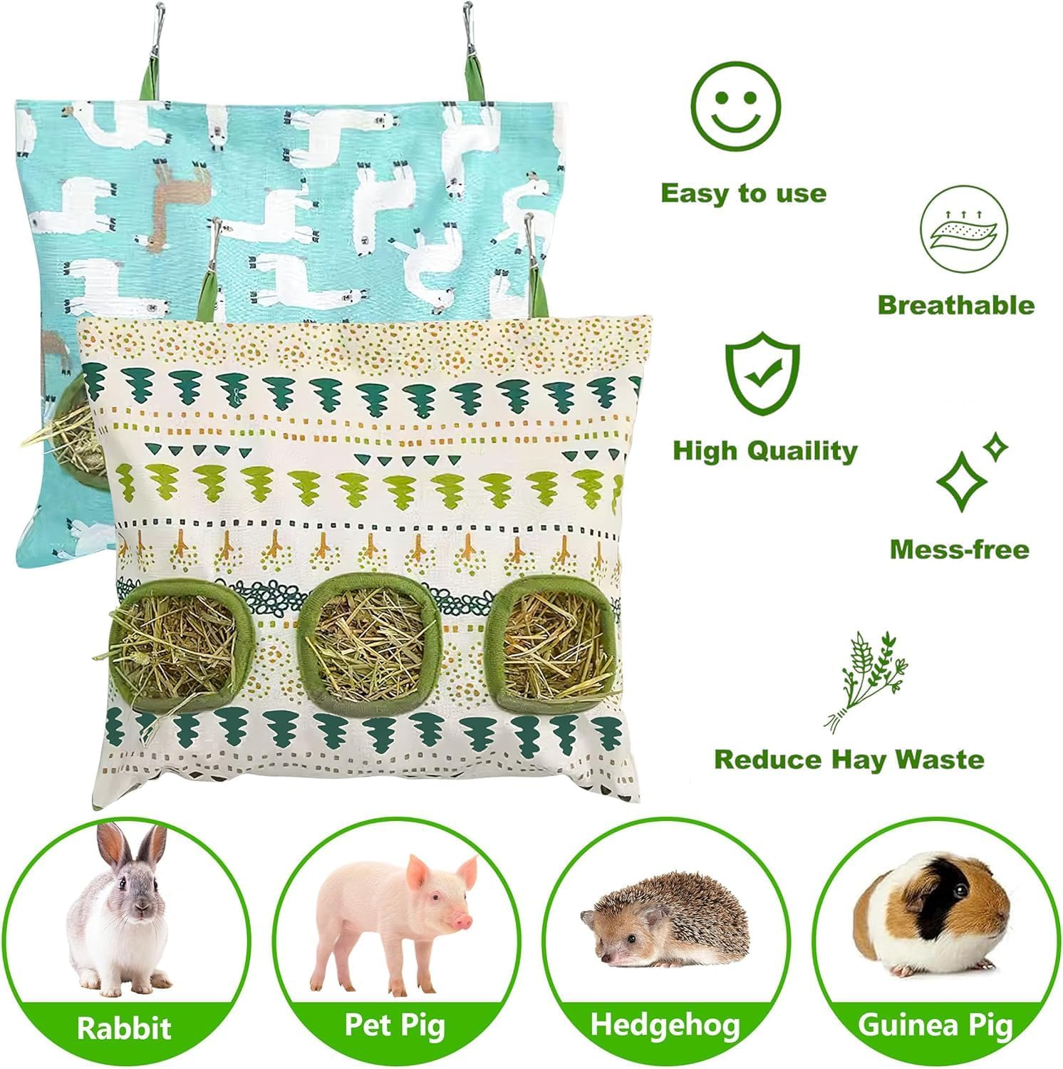 2 Pcs Rabbit Hay Feeder Bag, Small Animal Hay Feeder Holder with 3 Pockets, Guinea Pig Hay Feeder,Hay Dispenser Storage Manger for Rabbit Guinea Pig Hamsters Chinchilla Small Pets image number 5