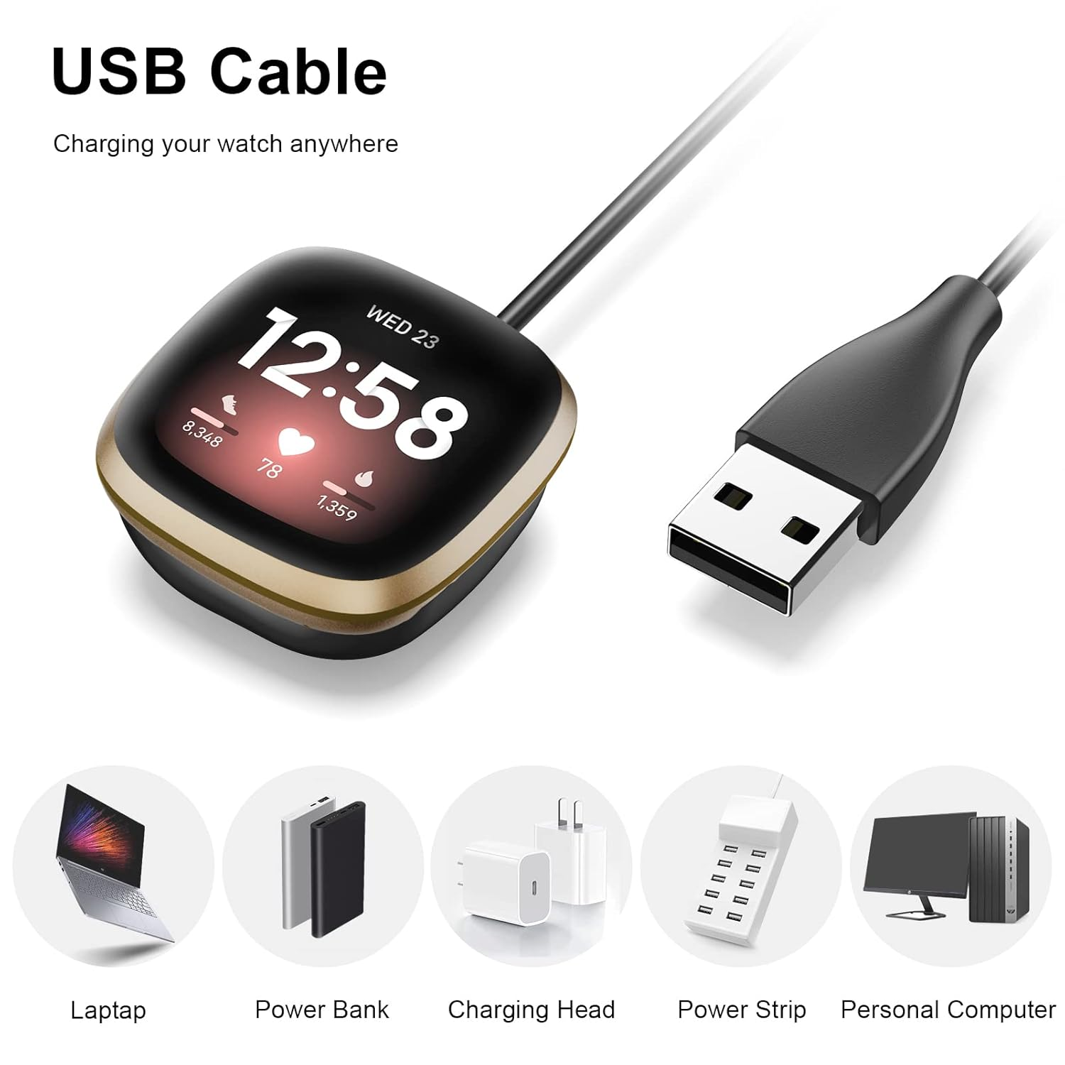 1M/3.3Ft Charger Cable for Fitbit Versa 4/Versa 3 Chargers, Sense 2/Sense Charger, USB Magnetic Fast Charging Cord for Versa 4 3, Sense 2/Sense Smartwatch (100Cm) image number 3