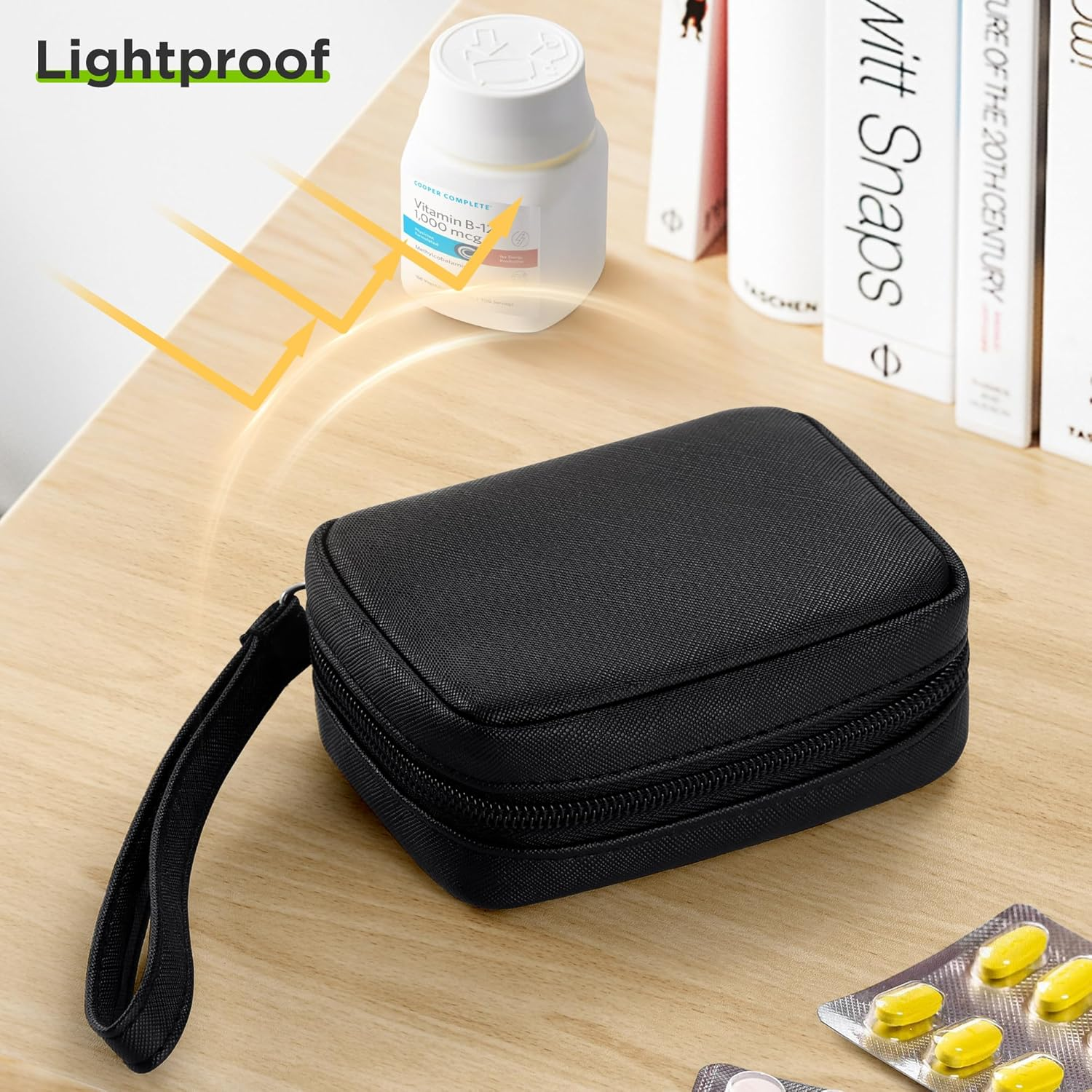 Zannaki Cute Pill Organizer for Purse with Two Removable 7-Day Pill Box, Travel PU Leather Pill Case, Portable Weekly Pill Container with Storage Bag to Hold Vitamins, Fish Oils, Supplements (Black) image number 2