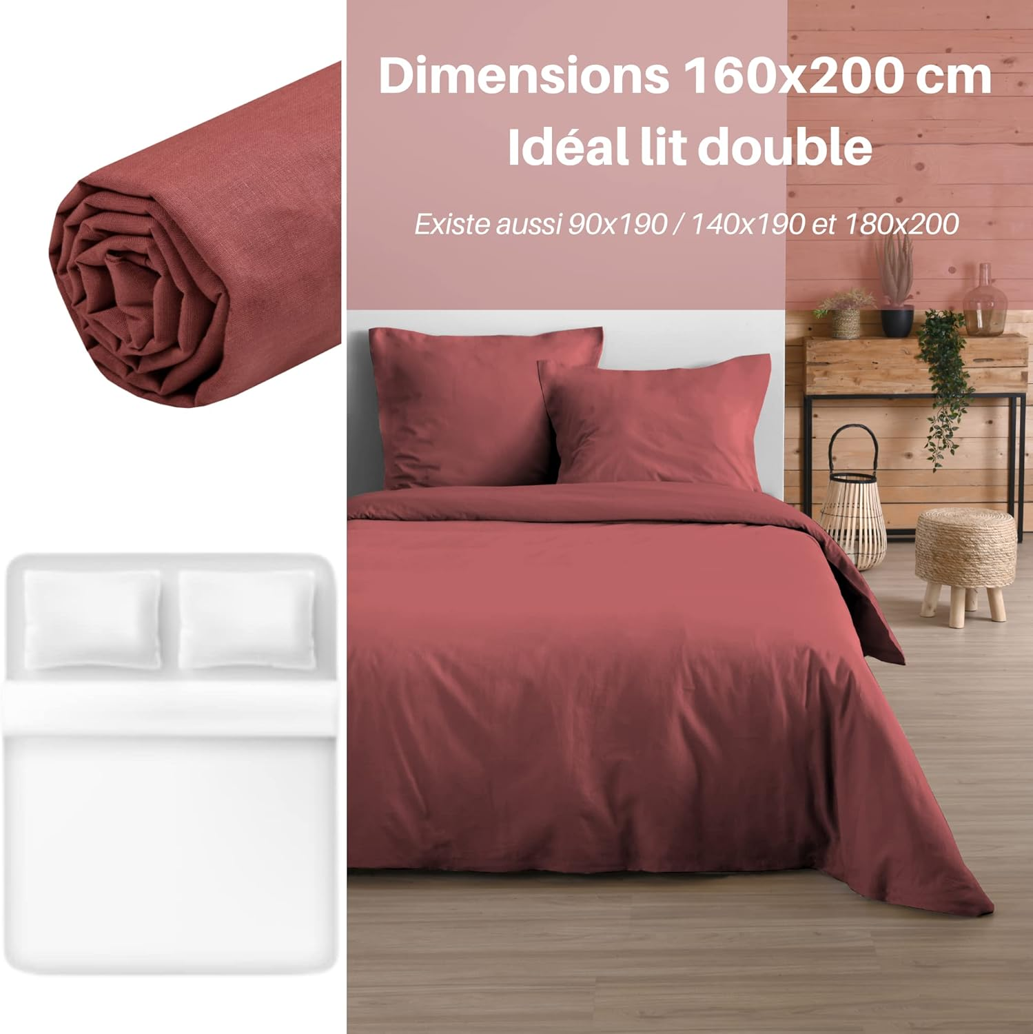 Lovely Casa - Fitted Sheet - Size 160 X 200 Cm - Large 30 Cm - 100% Oeko-Tex Certified Cotton - Colour Grenache - Model Eden - Bed Linen for Home - Soft and Comfortable for a Cosy Nest image number 2