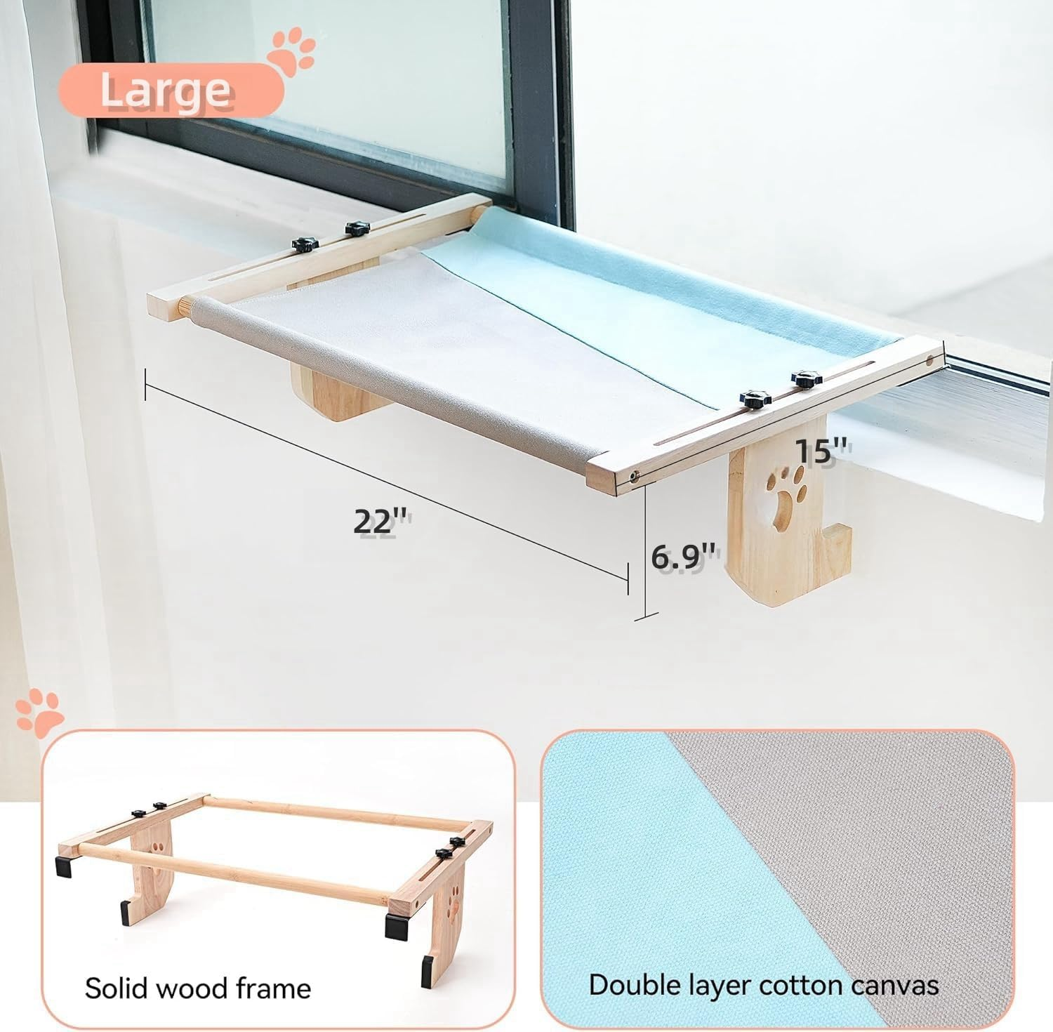 CHIEFAWAY Window Seat for Large Cats and Kittens, Adjustable Wooden Perch, Hammock Bed Washable Toy Blue-Grey Color