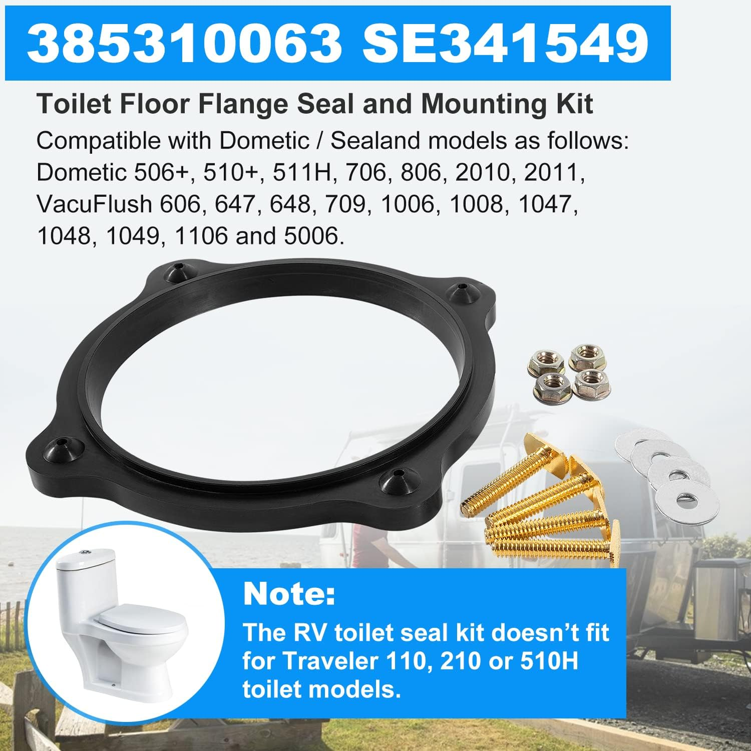 385310063 SE341549 Toilet Floor Flange Seal and Mounting Kit Replaces for Dometic Sealand Toilets 506+ / 510+ / 511H Models, RV Toilet Seal Kit for Motorhome and Trailer image number 6