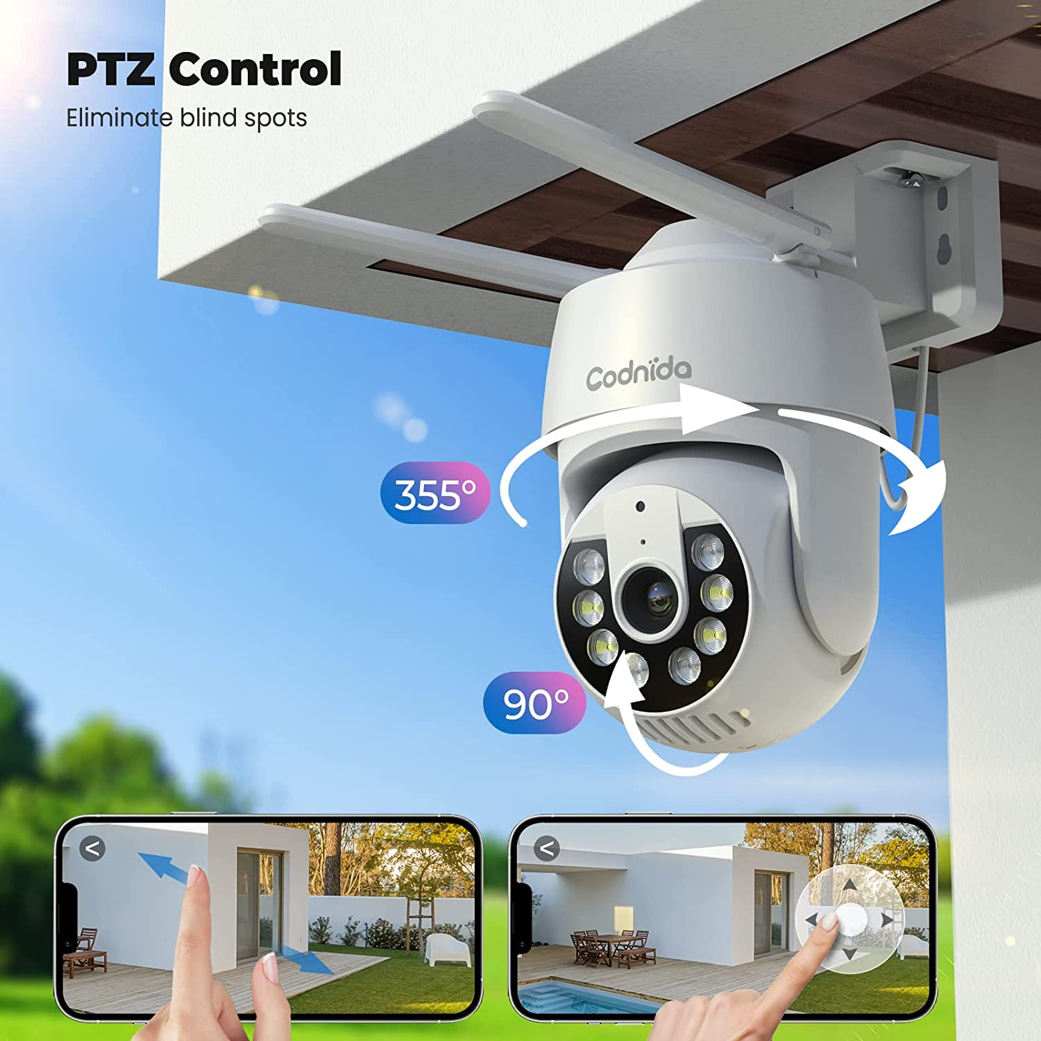 2K Telecamera Wi-Fi Esterno Con Vista a 360&deg;, Codnida 3MP Videocamera Sorveglianza Con Fili PTZ Telecamera Con Visione Notturna, Tracciamento Automatico Del Movimento,Allarme Sonoro E Luminoso image number 6
