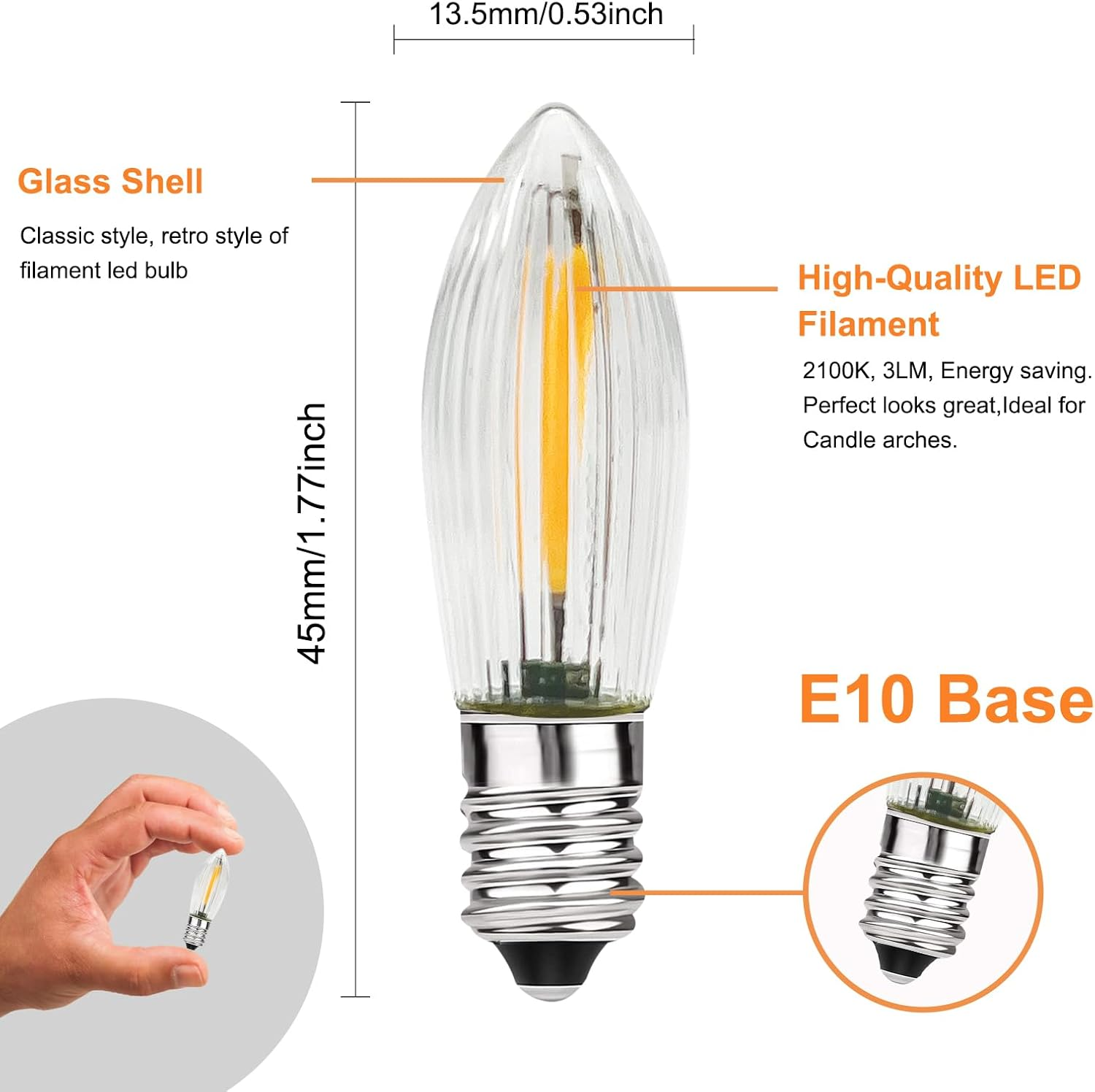 MZYOYO E10 LED Light Bulb, E10 LED Candles for Candle Arch, Candle Arch LED Candles 2100 K Warm White, E10 LED Tapered Candles LED Bulbs for Candle Arch, 0.2 W, 3 LM, AC14V-55V, Clear, Pack of 7 image number 2