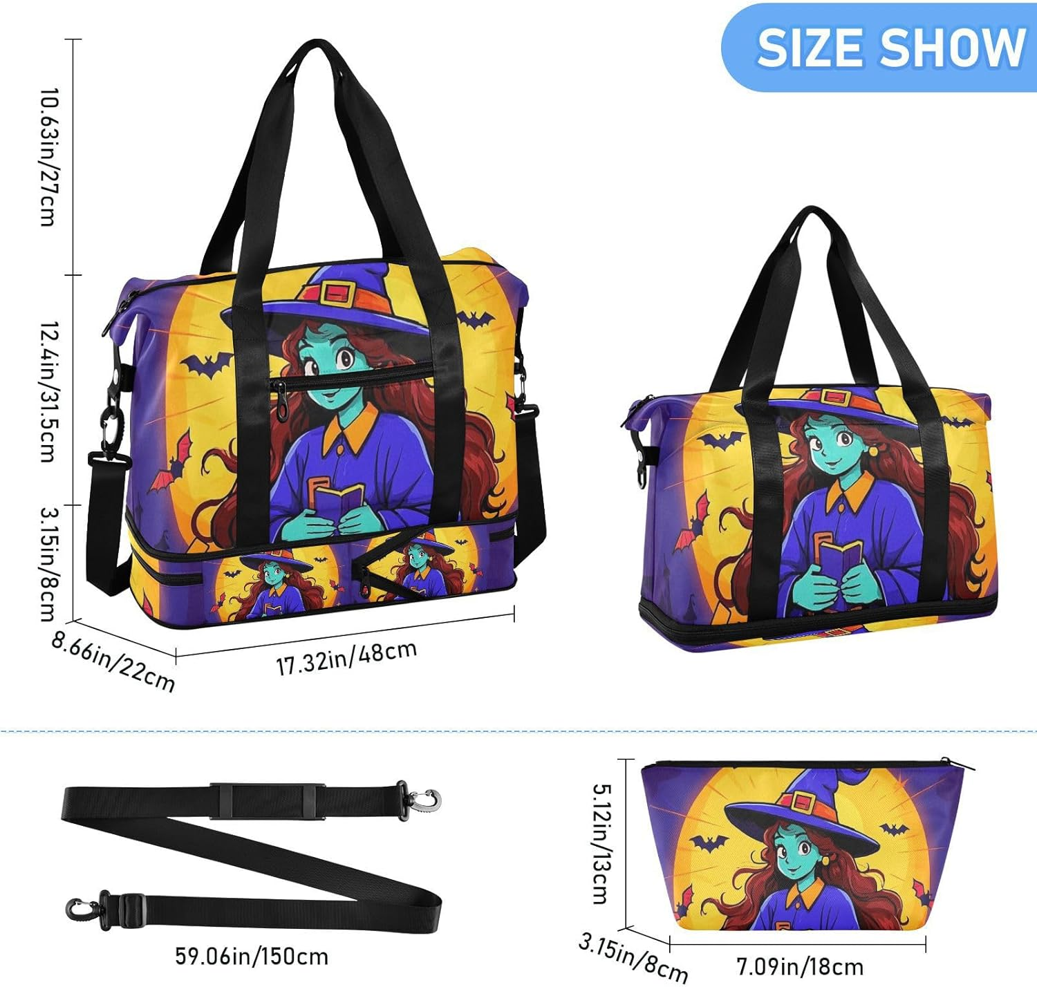 Happy Halloween Cartoon Cute Witch Overnight Travel Duffel Bag Travel Weekender Gear Bag with Toiletry Bag for Trip Waterproof, Happy Halloween Cartoon Cute Witch, 1 Size image number 6