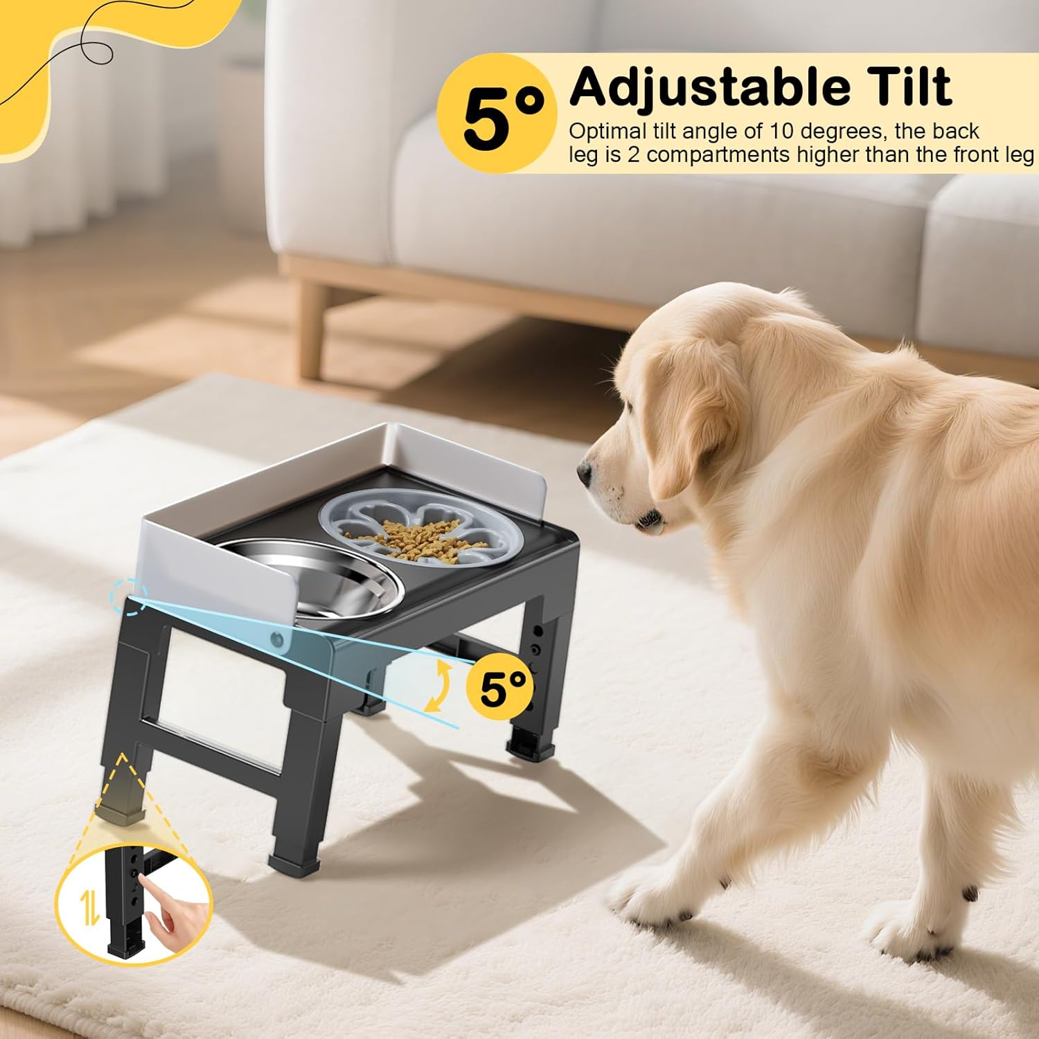 Euqvunn Elevated Dog Bowls with Stand, 6-Level Height Adjustable, 5&deg; Tilt, Splash Guard Design, Raised Dog Bowl with Two 1000Ml Stainless Steel & Slow Feeder Dog Bowl,For Small,Medium & Large Pets image number 4