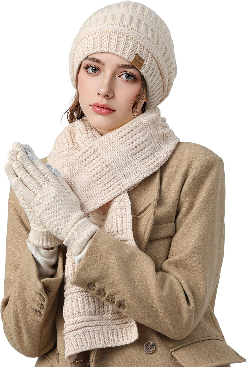 Winter Beanie Hat Scarf Gloves Set, Winter Clothes for Women, Fleece Lined Hats Touchscreen Gloves Thick Neck Warmer - Black image number 2