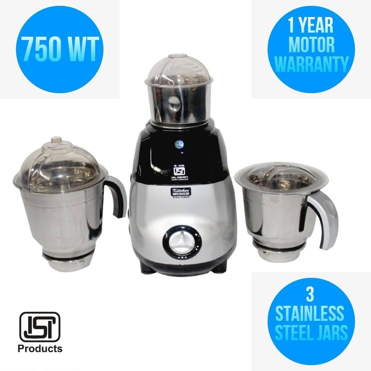 Kitchen King Indian Mixer Grinder 750 WT 3 Stainless Steel Jar 1 Year Motor Warranty (Sliver) image number 5