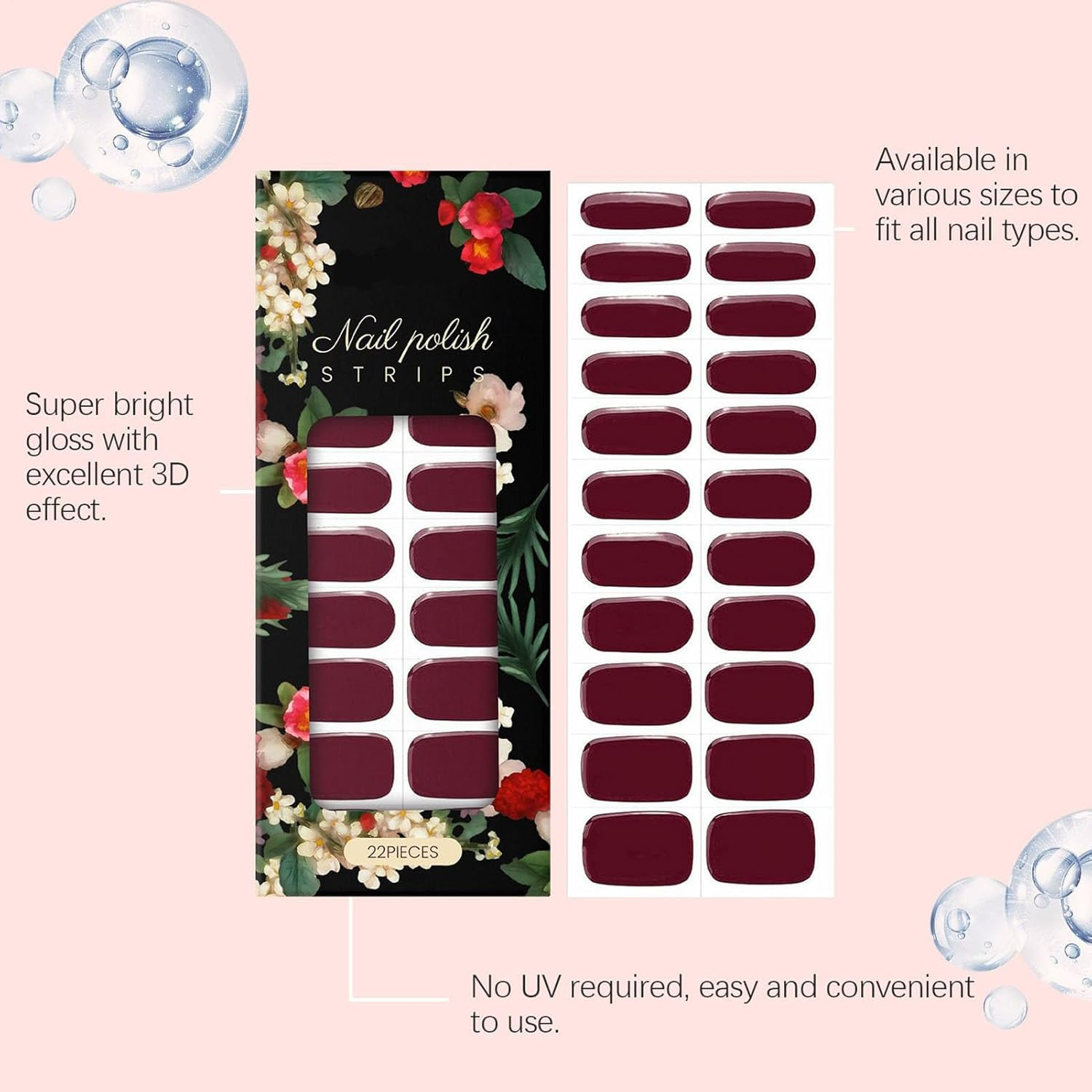 Rrlihjgu Nail Polish Wraps | 22 Piece Stick on Nail Polish | Waterproof Red Decals Long-Lasting Press-On Fingernail Art for Halloween Fall Manicure Pedicure image number 1