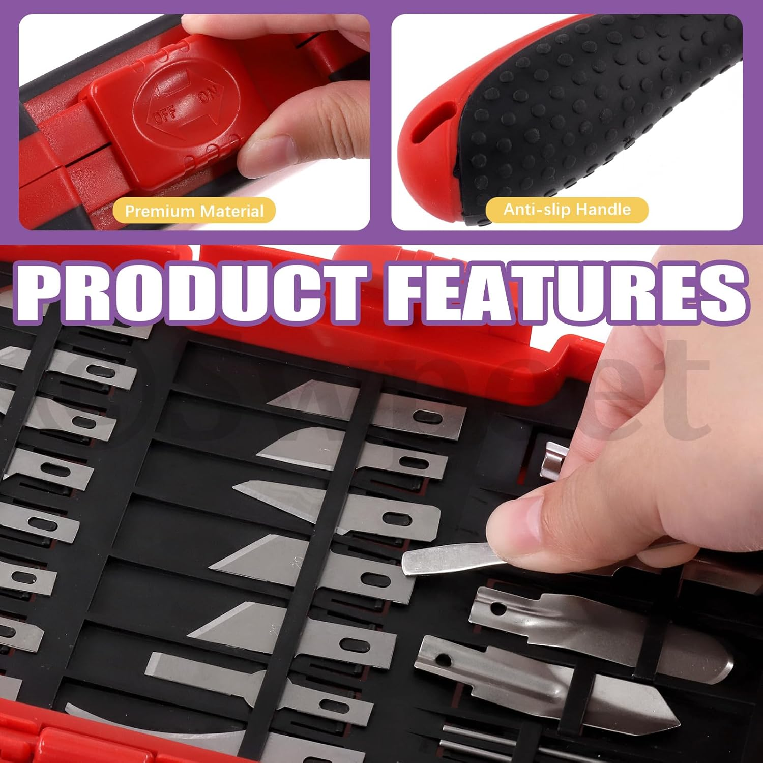 Swpeet 30Pcs Craft Knife, Red Precision Cutter Hobby Knife Blades Set Contains #1#2#4#7#10#11#12#17#19#20 Blades, Hook/Pointed Blades, U/V Gouge, Knife Handle, Needle, Sandstone, Tweezer for Art Work image number 4