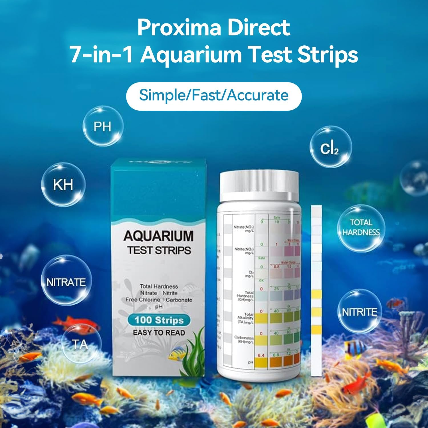 Proxima Direct 7 in 1 Aquarium Test Kit 200 Pack Fish Tank PH Test Strips with 2 Bottles Water Test Kit to Detect PH Nitrite Nitrate Chlorine Carbonate Total Alkalinity Hardness image number 5