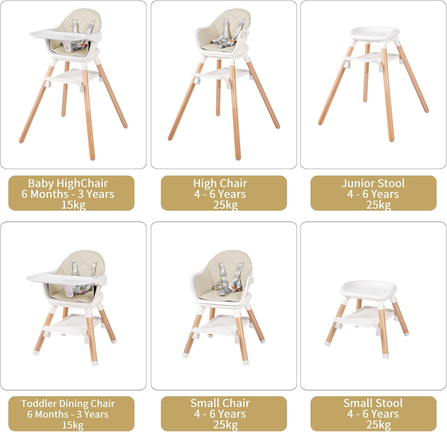 6 in 1 Baby High Chair, Convertible Wooden High Chairs/Booster Seat for Babies and Toddlers, Baby Feeding Chair with 5-Point Harness/Double Removable Tray & Adjustable Footrest (Beige) image number 2