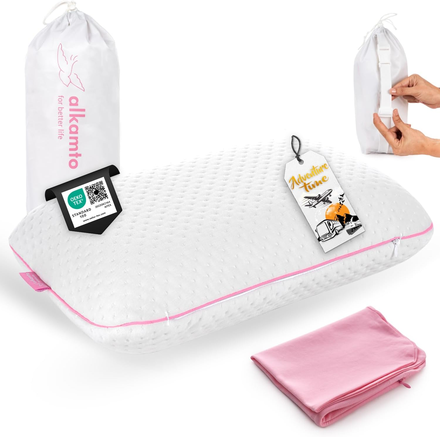 Alkamto Travel & Camping Comfortable Memory Foam Pillow with Extra Cotton Cover &ndash; Easy to Carry Portable Bag &ndash; Temperature Regulating Pillow Case - Perfect for Travelling/Fishing/Backpacking/Hiking