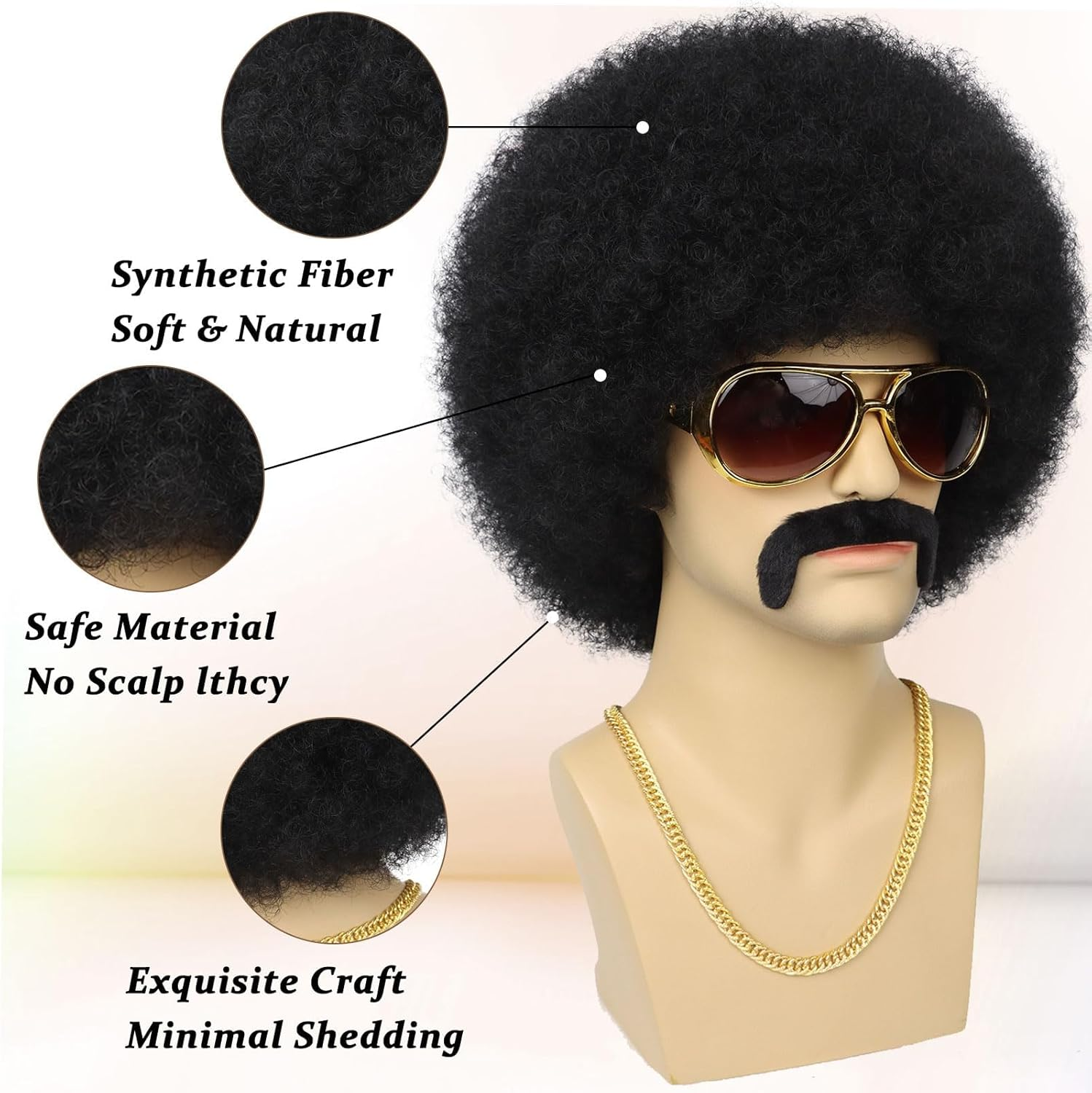 Mens Afro for 70S Rocker Disco Party 5Pcs Set (Wig+ Glasses+ Disco Necklace+ Mustache+ Wig Cap) Afro Puff Wigs for 70S 80S Halloween Costume Cosplay image number 4