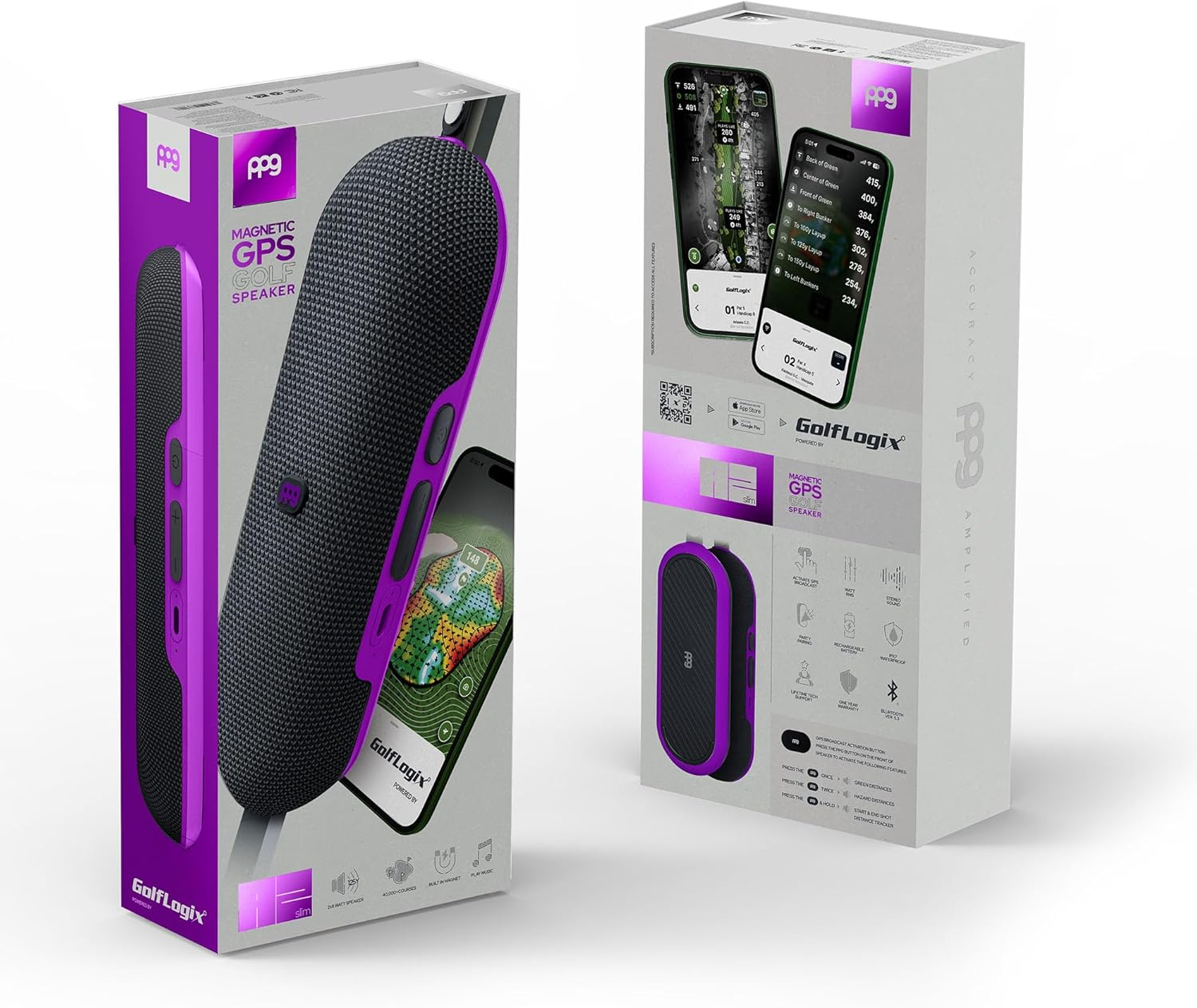 PPG All-In-One Golf Speaker with GPS Powered by Golf Logix &ndash; 40K+ Courses, 3D Mapping, Stereo Sound, Magnet Mount, IPX7 Waterproof, USB-C Rechargeable, Long Battery, Purple image number 5