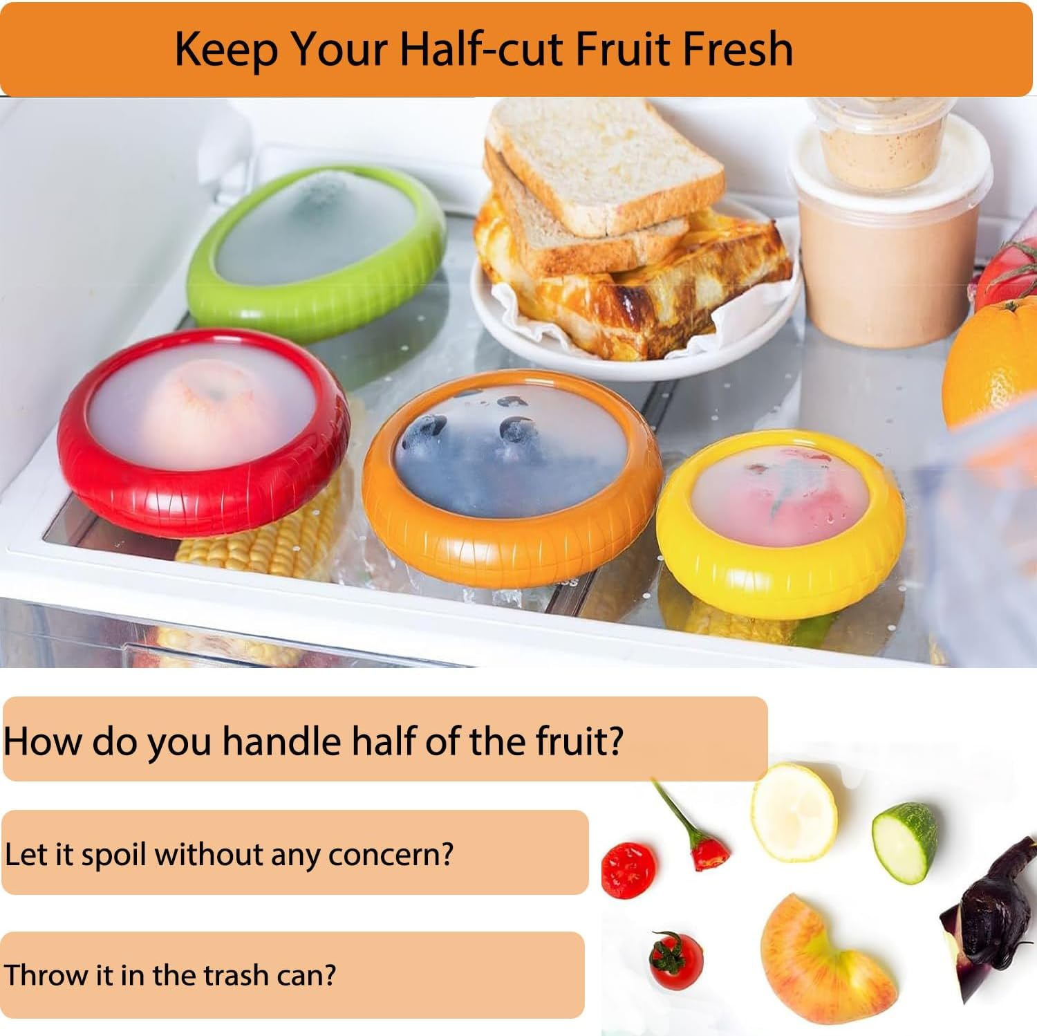 Avocado Saver and Tomato Holder - Set of 4 Reusable Silicone Fruit and Vegetable Storage Containers for Fridge - Ideal for Garlic, Onions, Lemons, and Potatoes image number 4