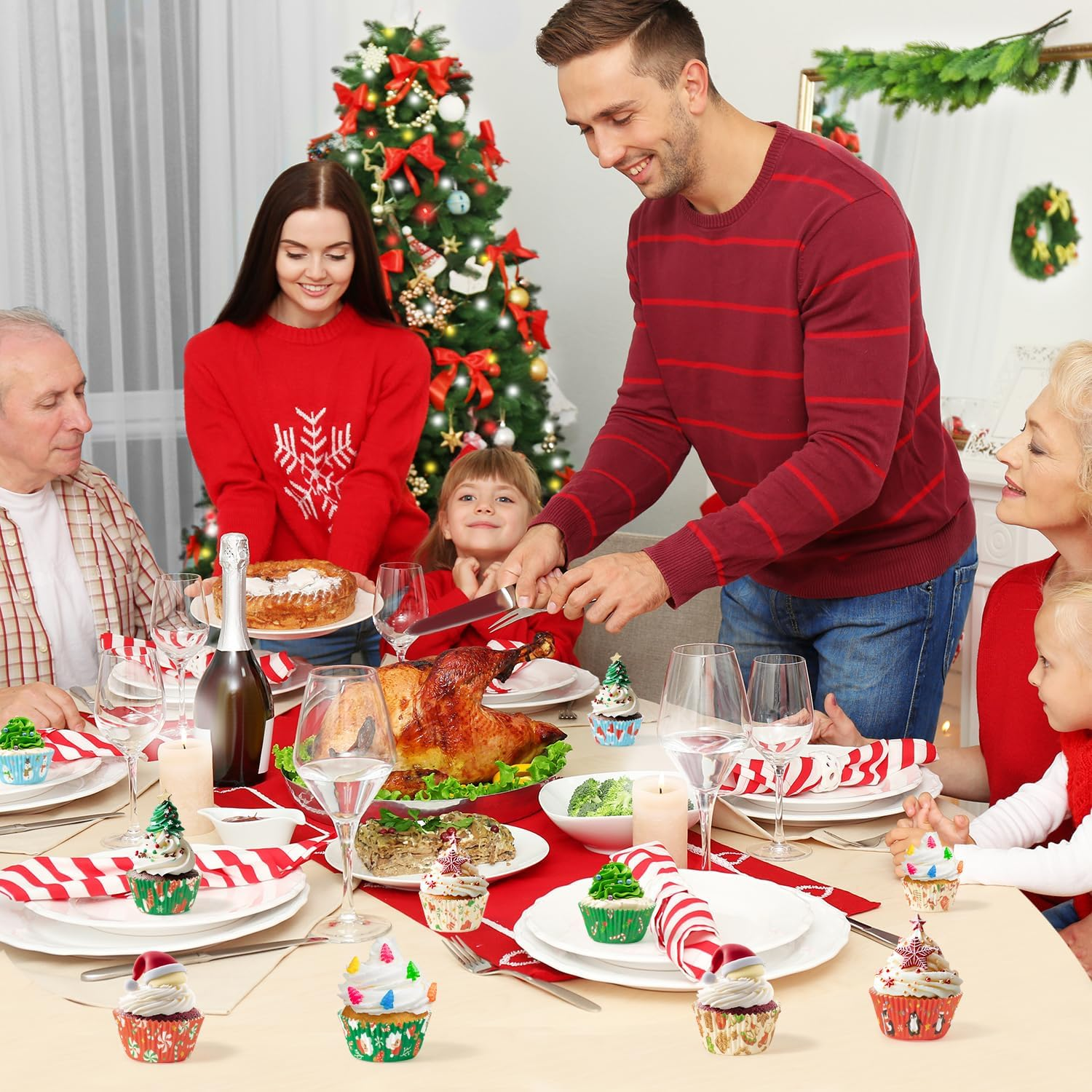 Christmas Mini Cupcake Liners - 600Pcs Merry Christmas Candy Baking Cups Muffin Cupcake Wrappers, Xmas Tree Santa Claus Snowman Chocolate Cake Wrap Making Supplies for Xmas Eve Party(10 Styles) image number 4