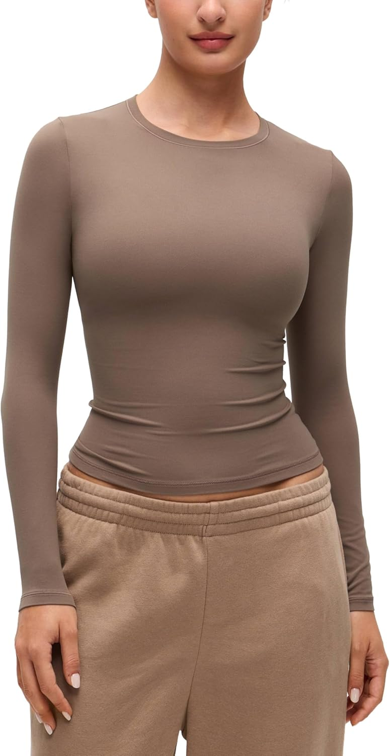 CRZ YOGA Softembrace Long Sleeve Shirts for Women Soft Crew Neck Fall Basic Tight Tops Fitted Casual Going Out T-Shirts