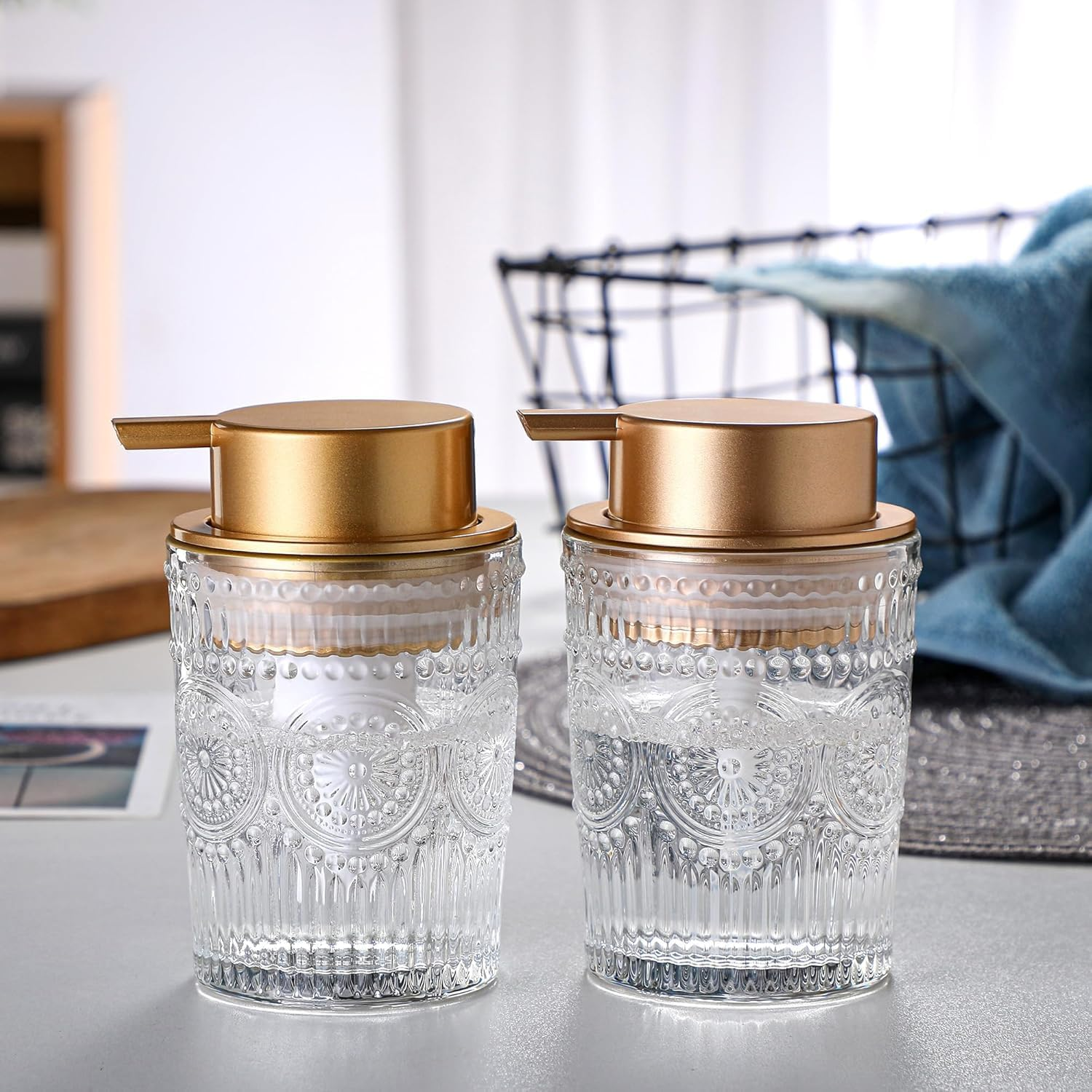 Glass Foam Soap Dispenser, Clear Hand Liquid Bottles with Gold Plastic Pump, Refillable round Foaming Lotion Dispensing for Kitchen Sink & Bathroom Counter