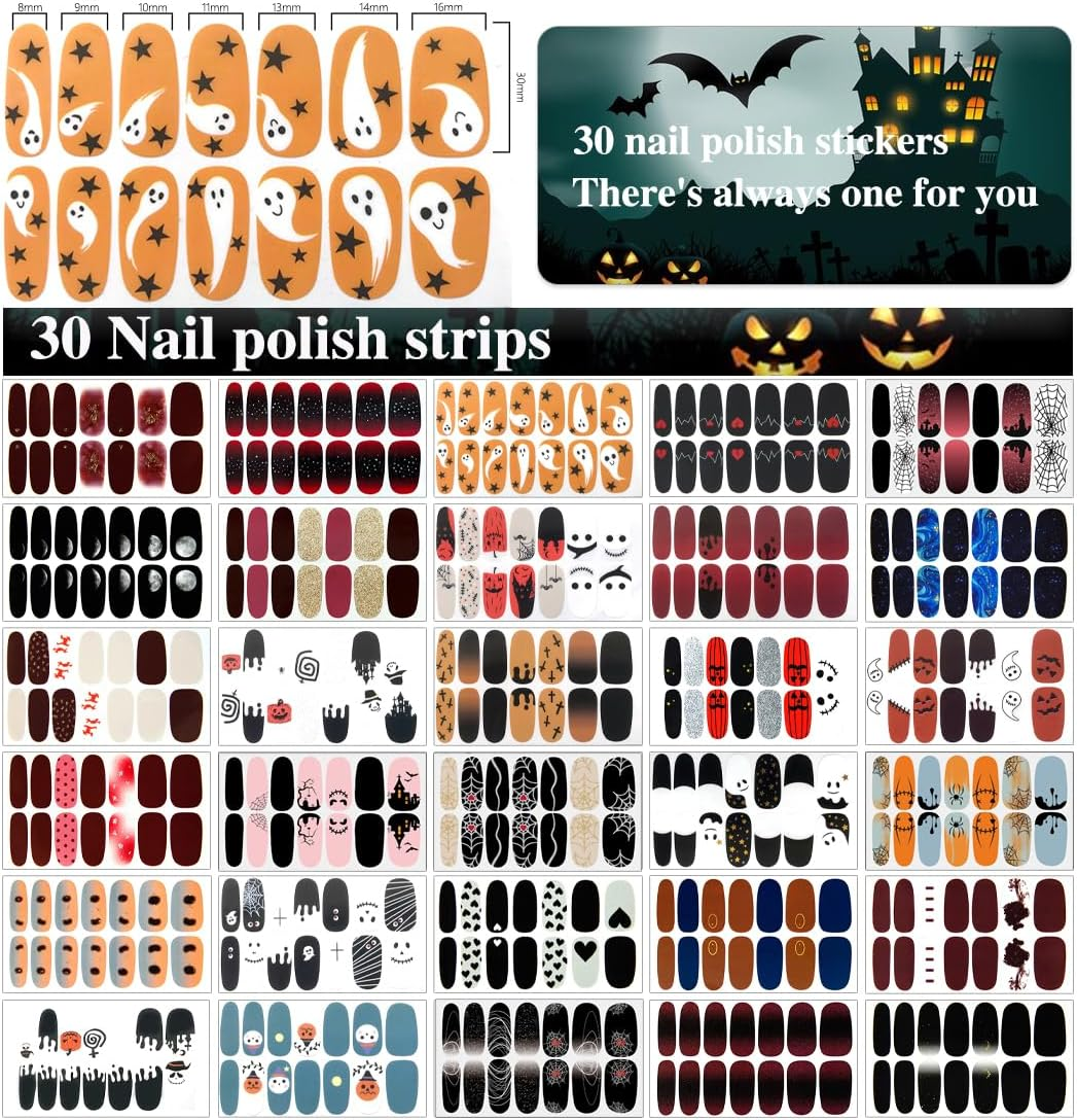 XEAOHESY 30 Sheets Halloween Nail Stickers with Nail File Halloween Nails Tape Strips for Design Halloween Nail Decals Press on Nail Polish Strips Stickers for Women Halloween Nail Art image number 4