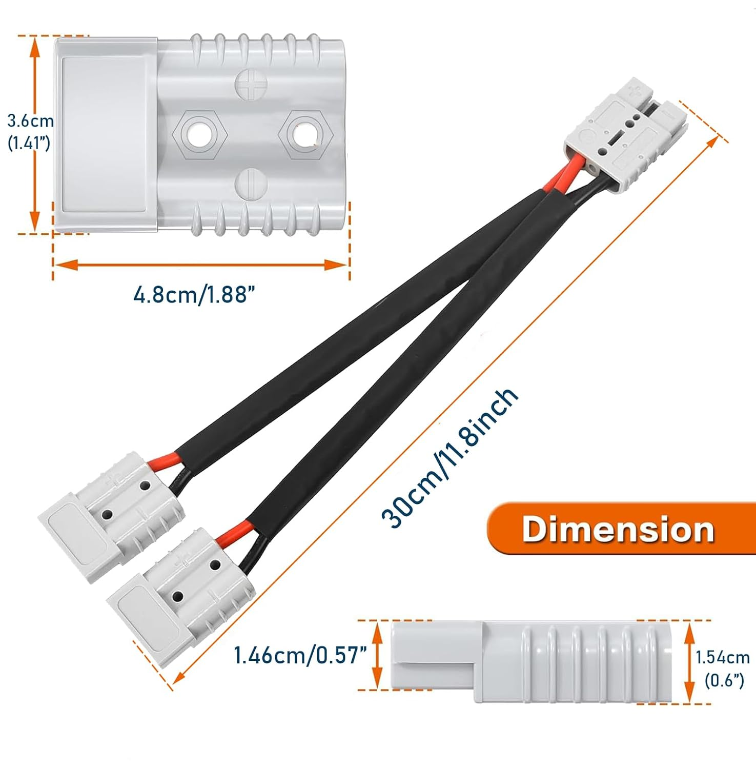 SILHOL 50 Amp Anderson Double Y Splitter Cable, 300Mm1 to 2 Anderson Plug Connector Double Y Adapter, 10 AWG 6Mm Battery Cable for Car, Truck, RV, Trailer, Winch, Forklift, Solar and Wind Systems image number 2