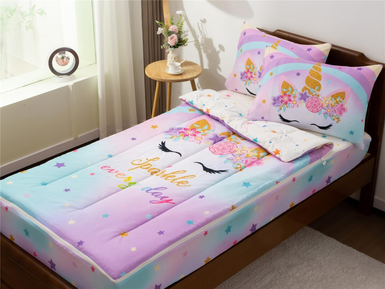 NTBED Rainbow Sun Printed Zipper Bedding Sets Twin for Kids Girls Lightweight Microfiber Comforter Set with Fitted Sheet Pillow Covers,White