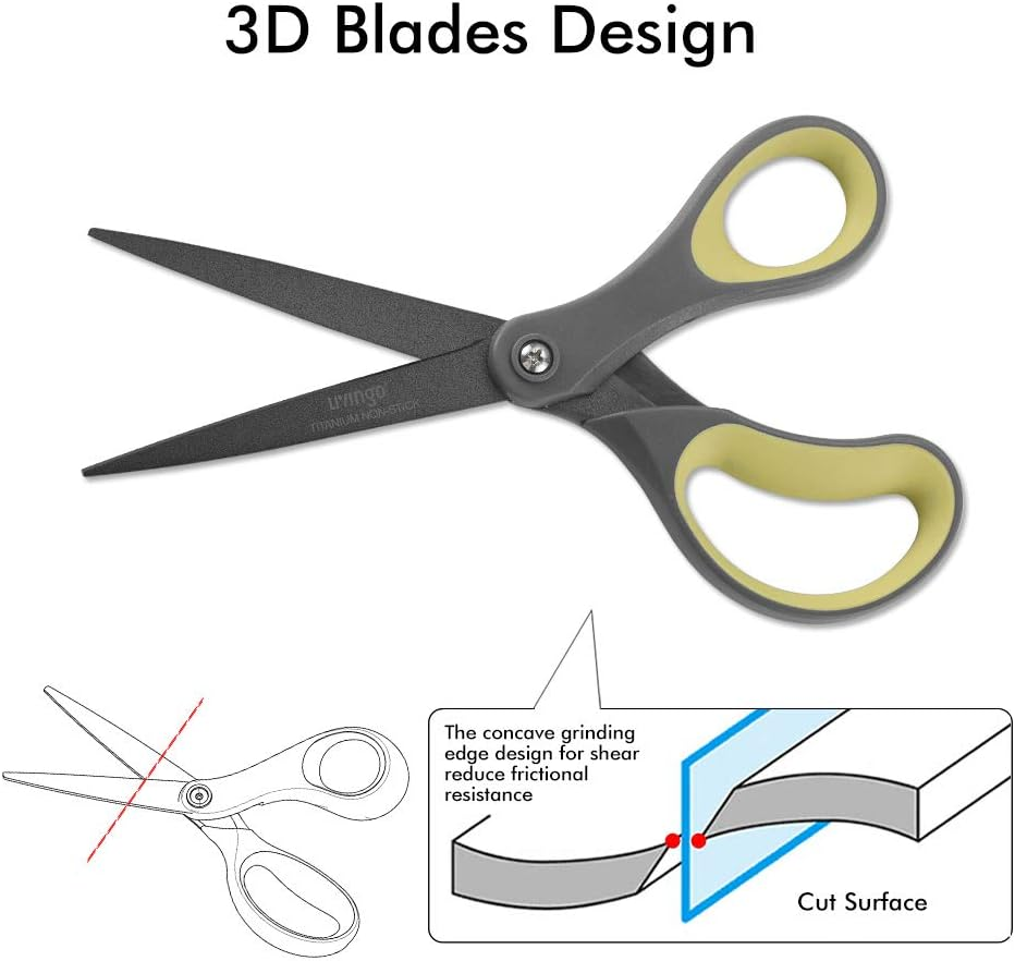 LIVINGO 2 Pack 8" Titanium Non-Stick Scissors, Professional Stainless Steel Comfort Grip, All-Purpose, Straight Office Craft Scissors(Green/Yellow,20.3Cm) image number 2