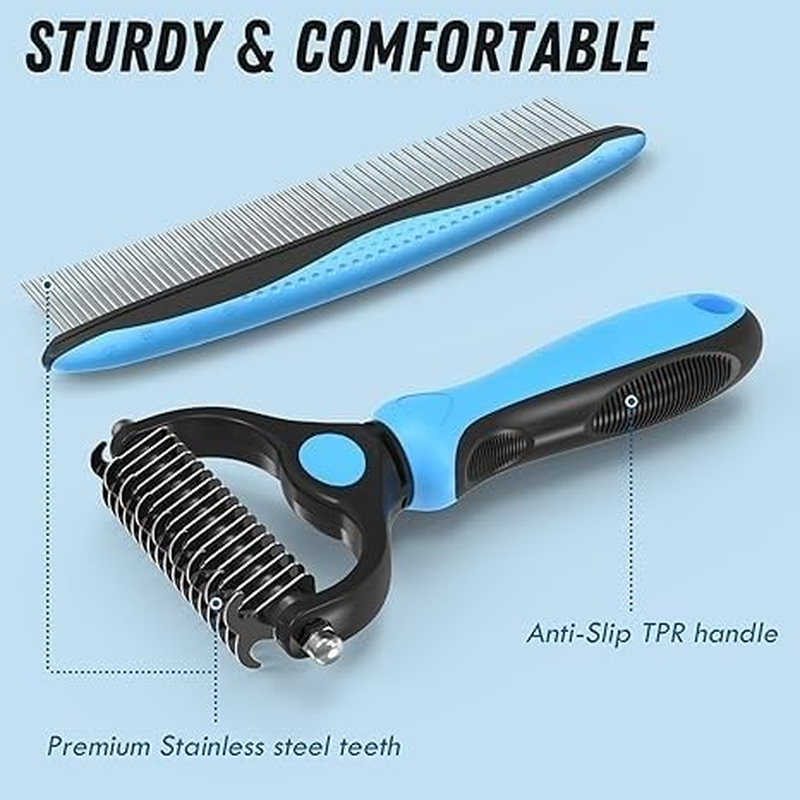 Pet Grooming Combo-Blue Deshedding Brush with Metal Comb for Detangling and Dematting Long, Matted Fur on Cats and Dogs image number 2