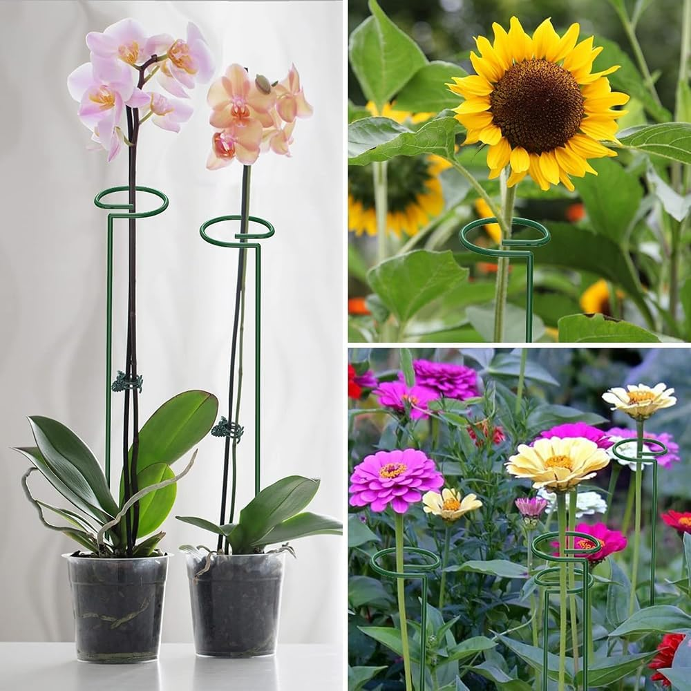20 Pack 13.8 Inch Green Metal Single Stem Flower Garden Plant Support with 40Pcs Plants Clips, Plant Cage Support Ring for Amaryllis Orchid Peony Rose Tomato