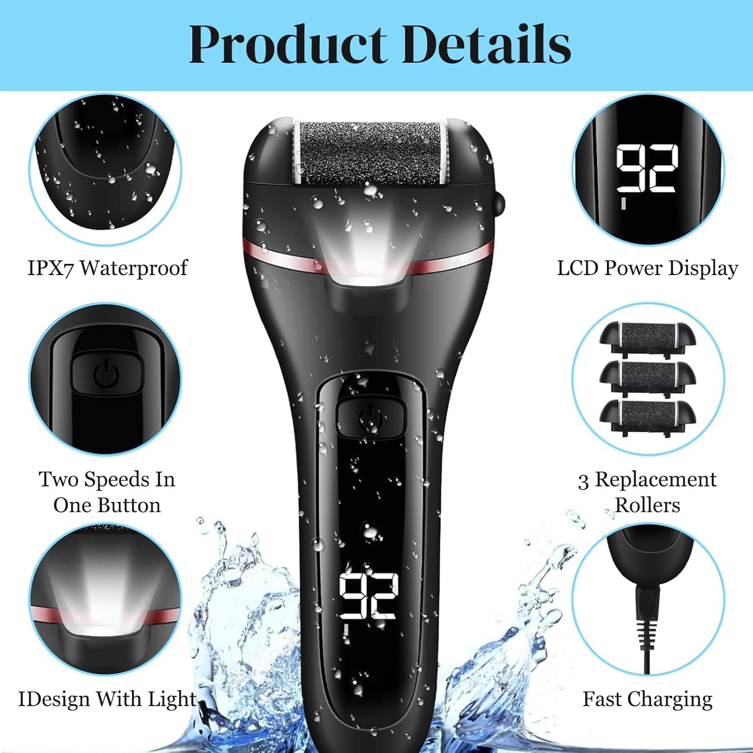 Callus Remover for Feet, 13-In-1 Professional Pedicure Tools Foot Care Kit, Foot Scrubber Electric Feet File Pedi for Hard Cracked Dry Dead Skin, 3 Rollers, 2 Speed, Battery Display (Black) image number 6