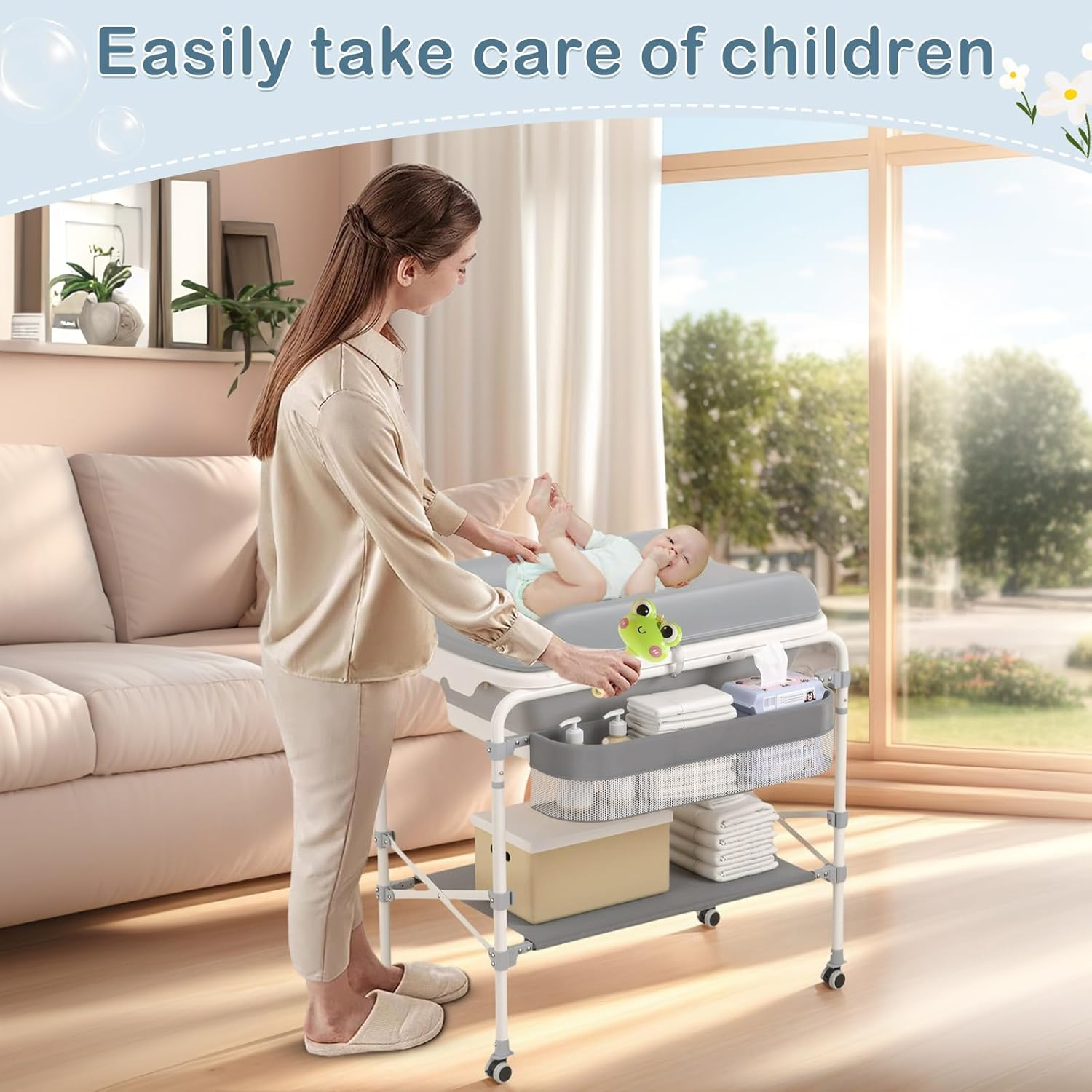 Portable Baby Changing Table 2-In-1 Baby Change Station with Tub Foldable Baby Bath Stand Diaper Change Table for Newborn Infant Mobile Nursery Organizer (Foldable) image number 3