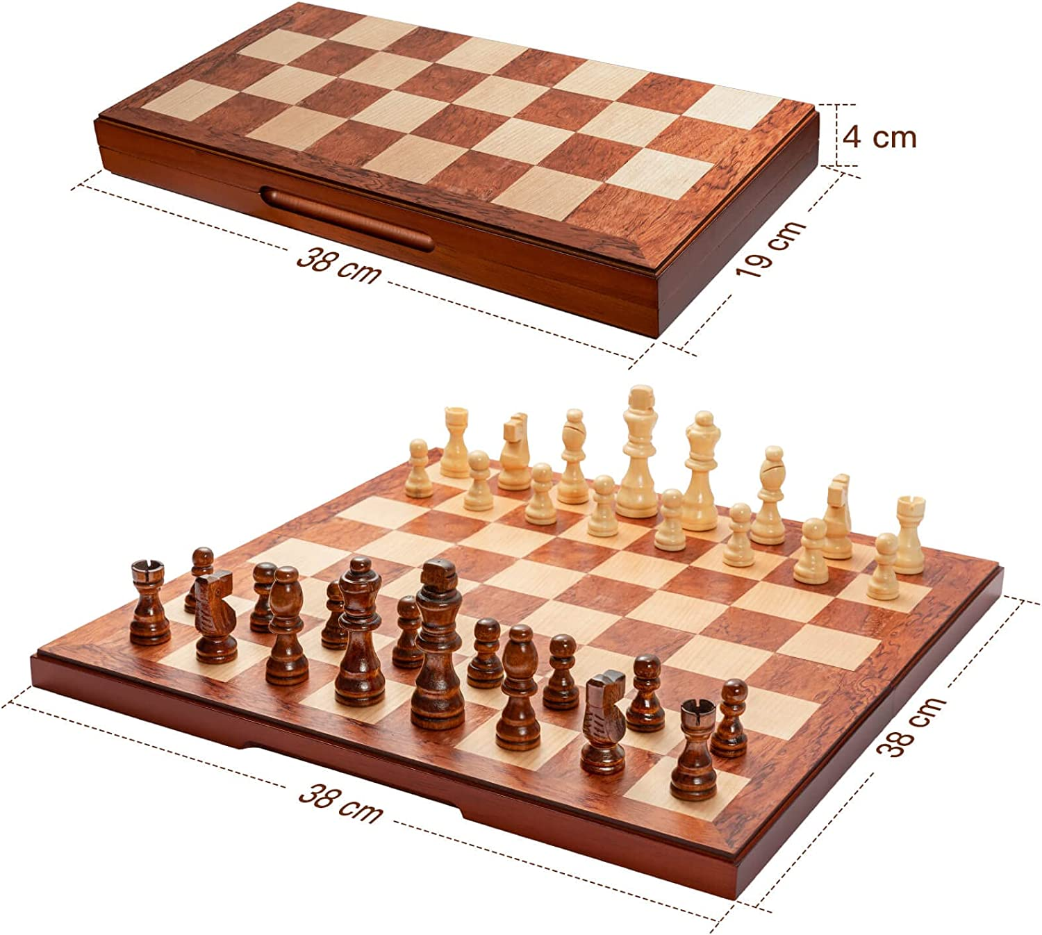 Chess Set Wooden Board Games 38Cm Travel Staunton Handmade Folding Wood with Interior Storage 2 Extra Queens for Kids Adults