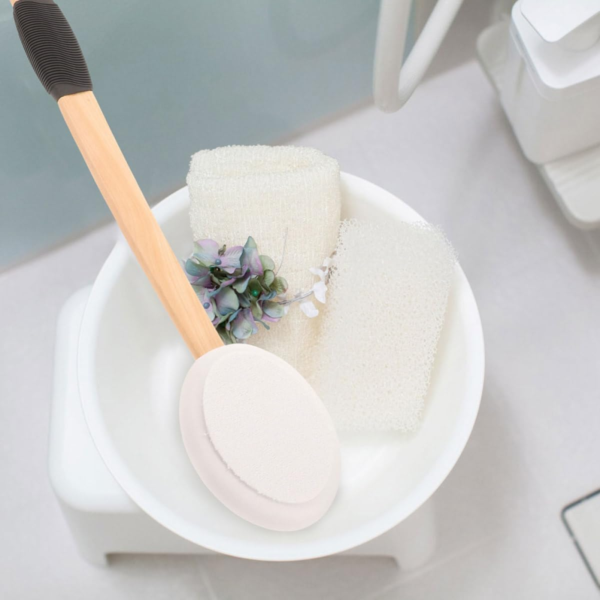 CATIEBYE Non-Slip Handled Lotion Applicator Set for Back and Feet with 1 Handle and 3 Replacement Sponge Heads, Shower Bath Brush Suitable for Applying Sunscreen and Body Cream image number 5