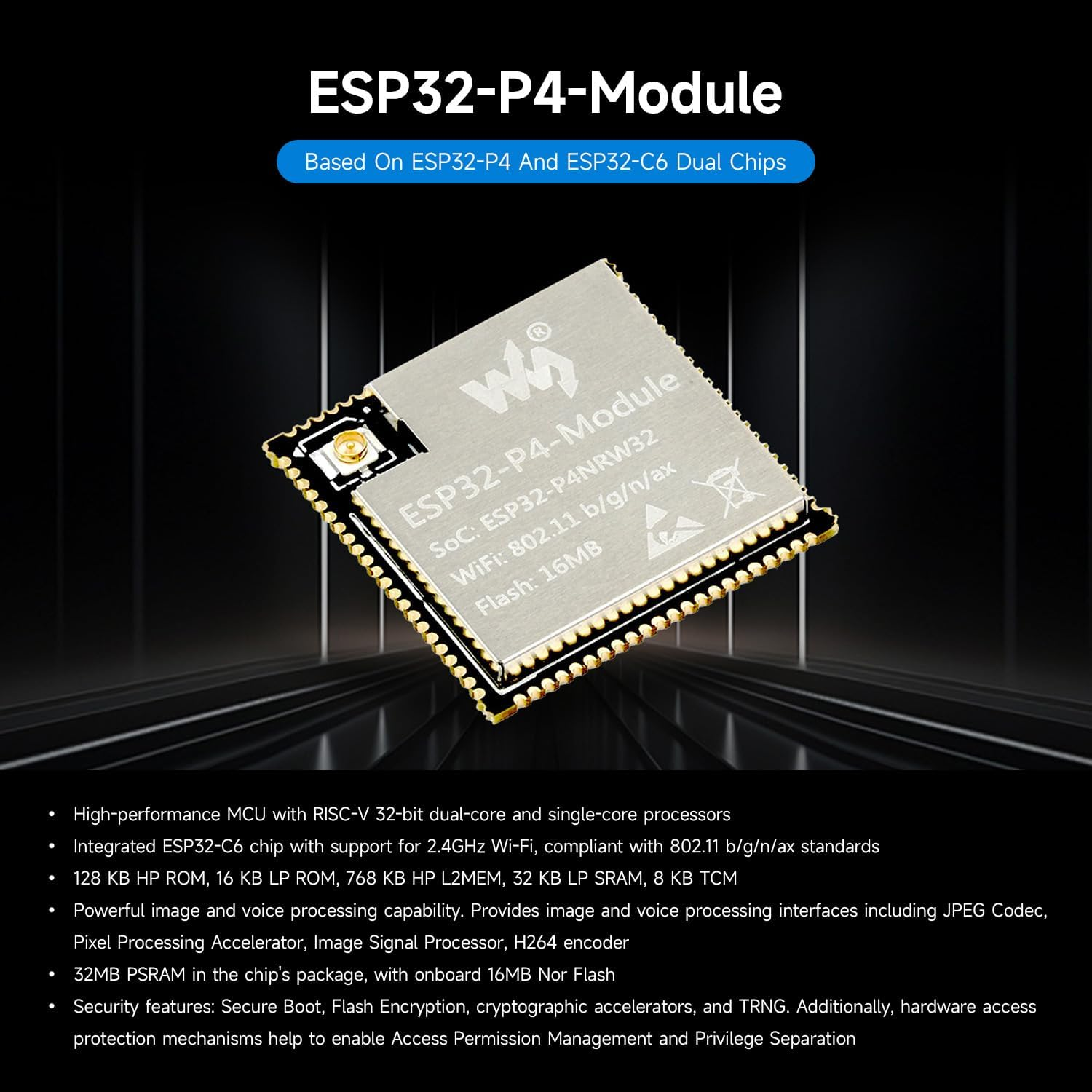Waveshare Esp32-P4-Module Core Board, Based on ESP32-P4 and ESP32-C6 Dual-Chip Design, Supports 2.4Ghz Wi-Fi and Blue-T 5.3