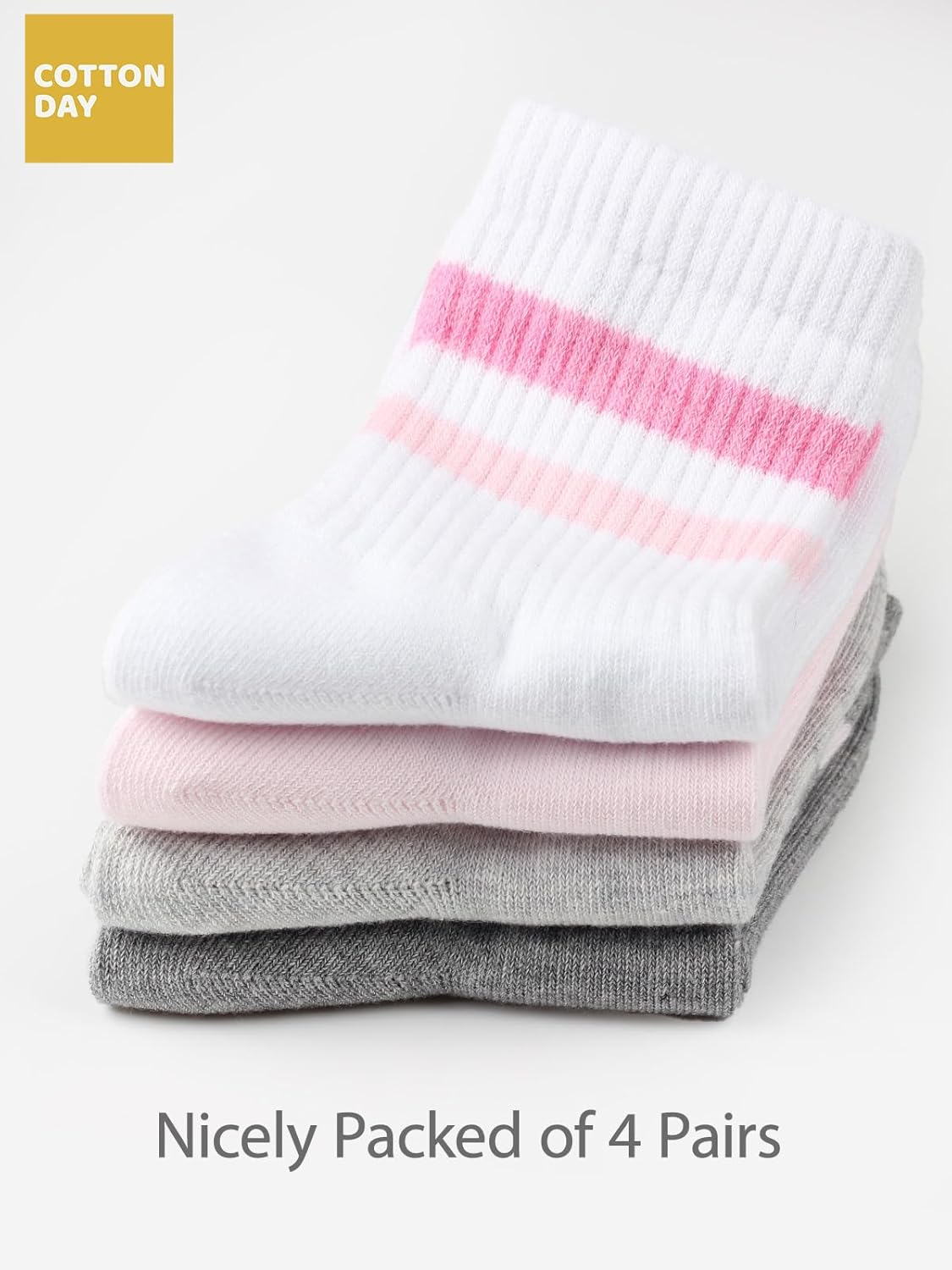 COTTON DAY Kids Girls Pink White Crew Athletic Socks with Retro Stripes Hearts image number 6
