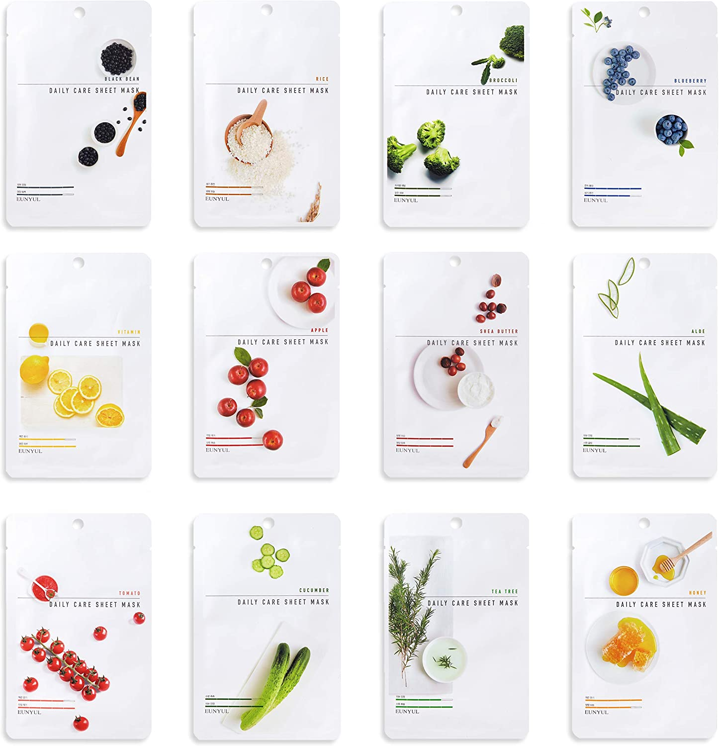 [Pack of 12] EUNYUL Daily Care Facial Sheet Mask Pack (12 Types) Vegan Cosmetics Korean Skincare Hydrating & Nourishing & Natural Ingredients for All Skin Types