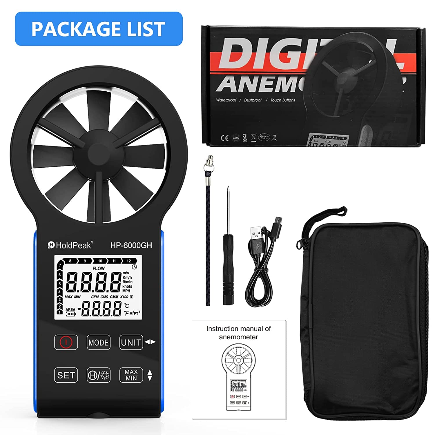HOLDPEAK Digital Anemometer with Anti-Interference Touch Button, HP-6000GH Type-C Rechargeable Handheld Anemometer Measure Wind Speed, Wind Volume and Temperature, New Outdoor Air Flow Meter image number 5