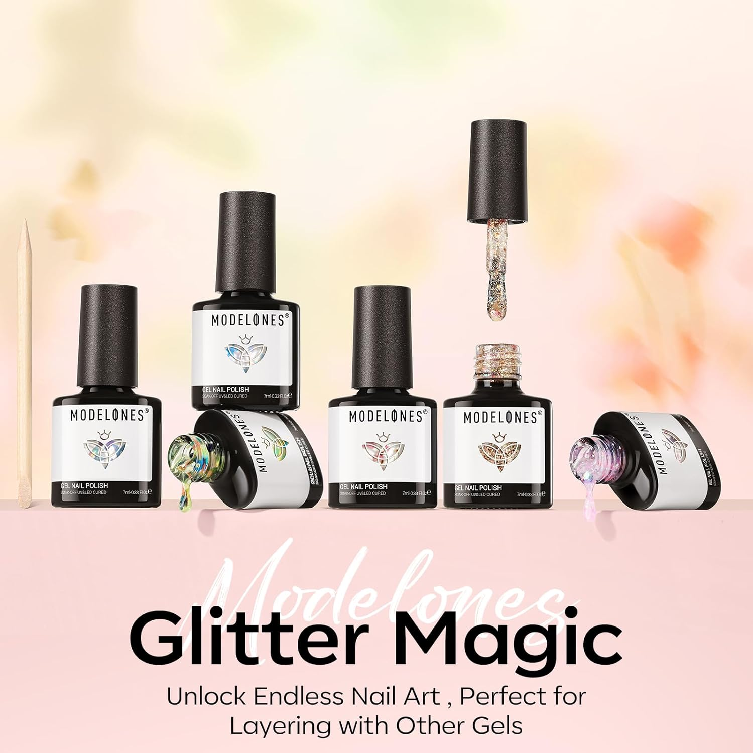 Modelones Glitter Gel Nail Polish Set, 6 Colors Dried Flower Laser Butterfly Blue Pink Star Shape Ornament Glitter Gel Polish Collection with Wooden Stick All Seasons Soak off LED Manicure DIY image number 6