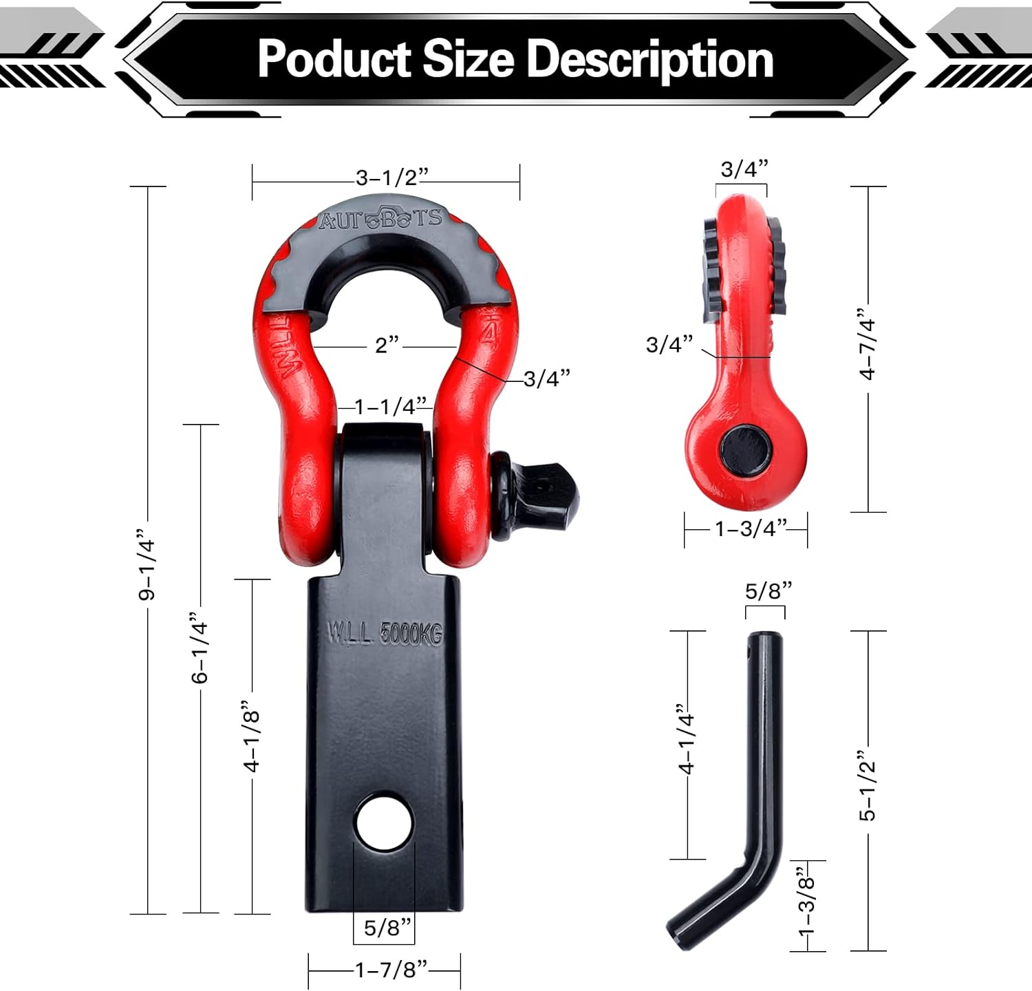 AUTOBOTS Shackle Hitch Receiver 2", 45,000 Lbs Break Strength Heavy Duty Receiver with 5/8" Screw Pin, 3/4" D Ring Shackles, Towing Accessories for Vehicle Recovery Off-Road, Red&Black image number 6